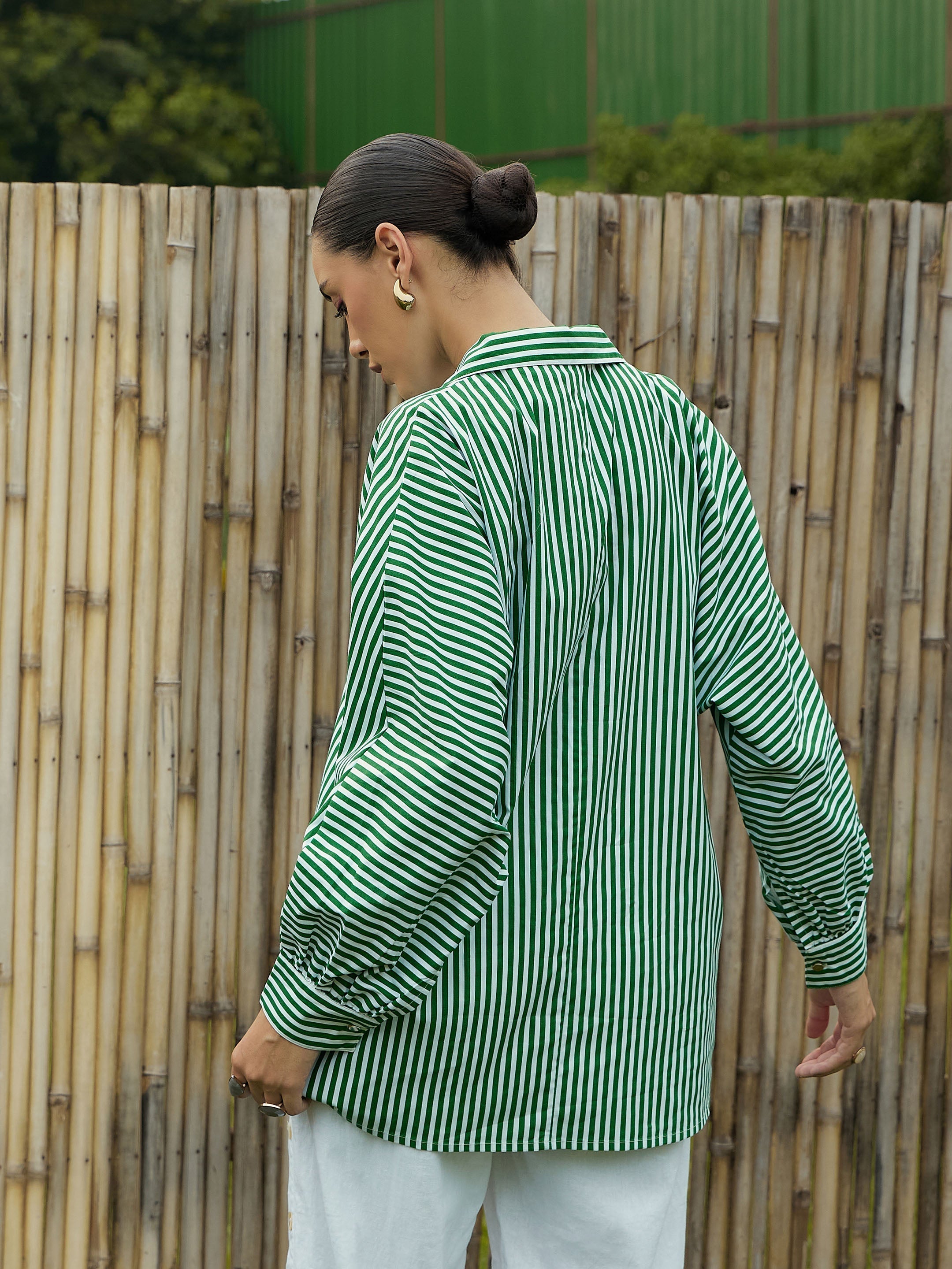 Women Green & White Stripe Oversized Shirt