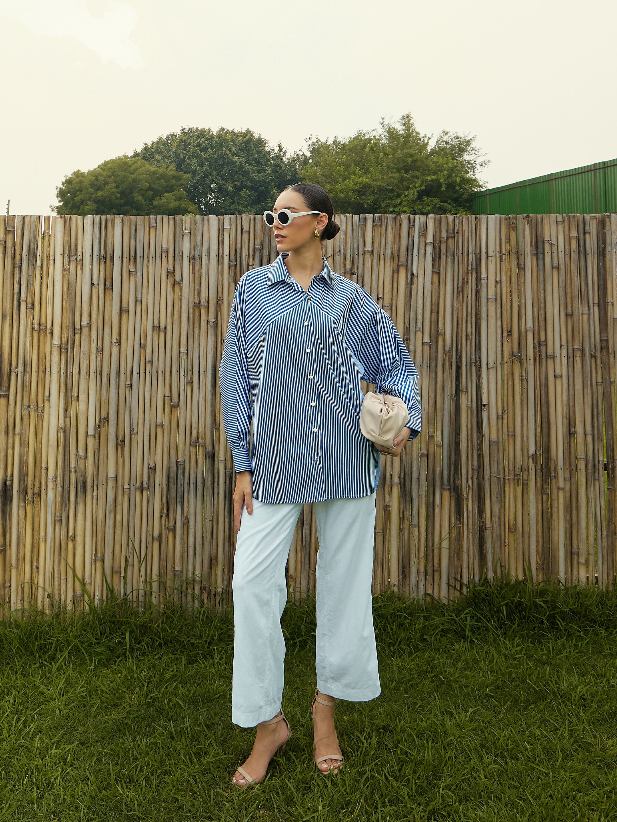 Women Blue & White Stripe Oversized Shirt