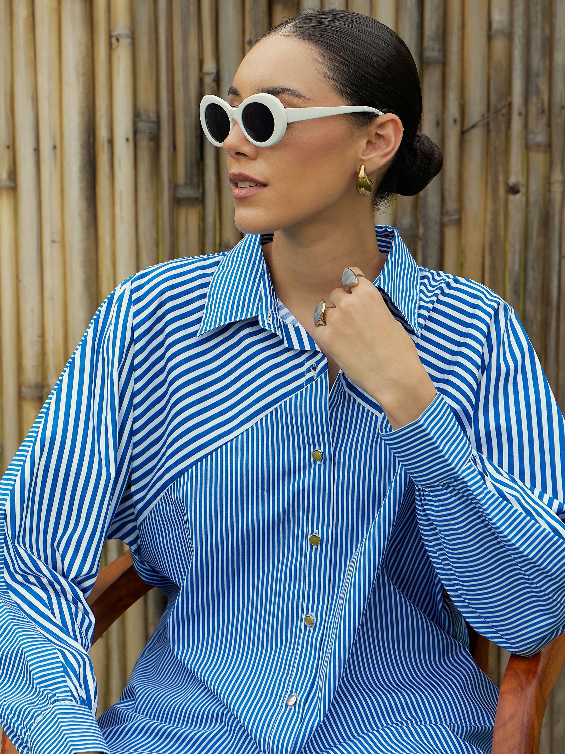 Women Blue & White Stripe Oversized Shirt