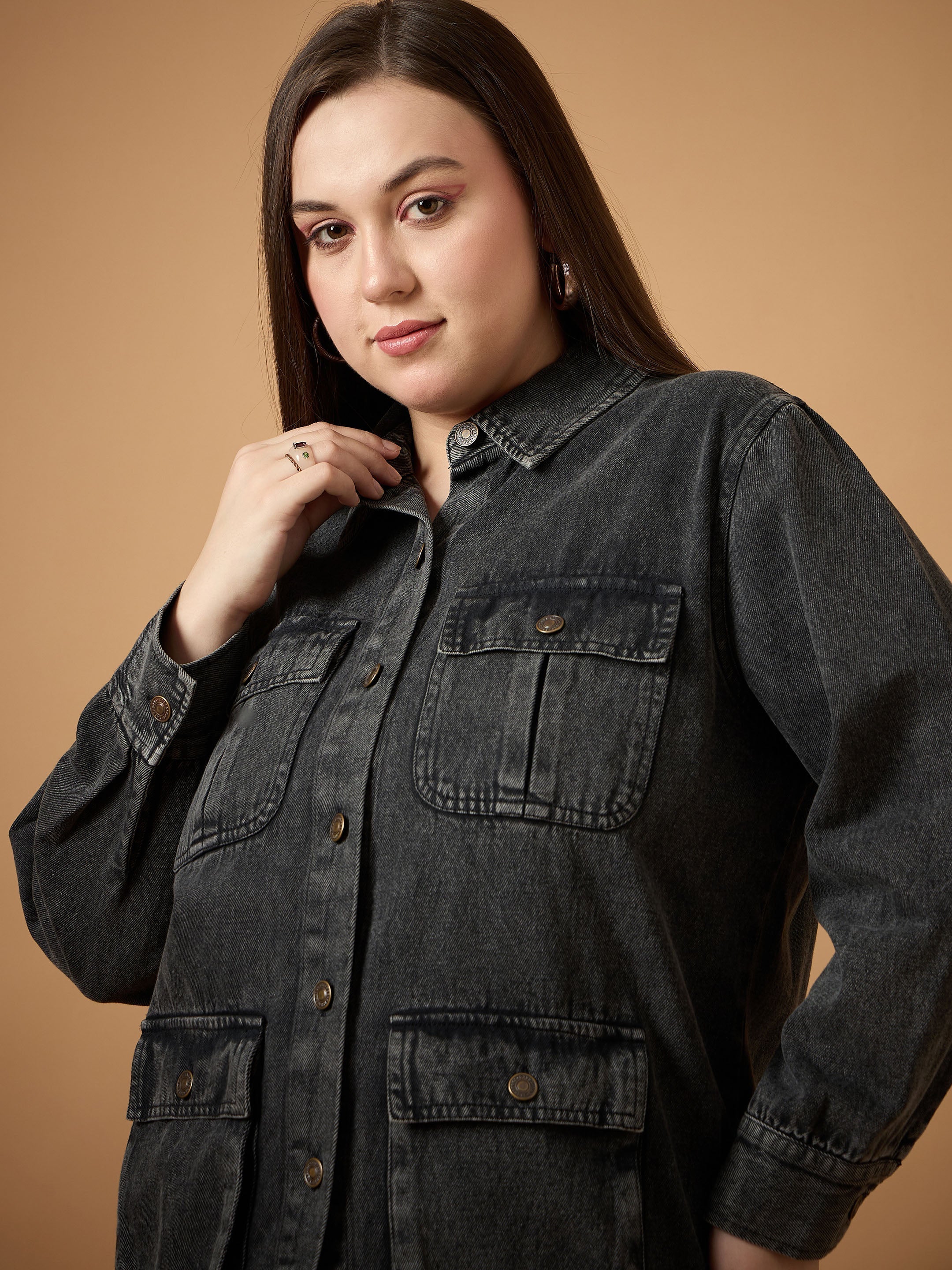 Women Black Acid Denim Wash Shacket