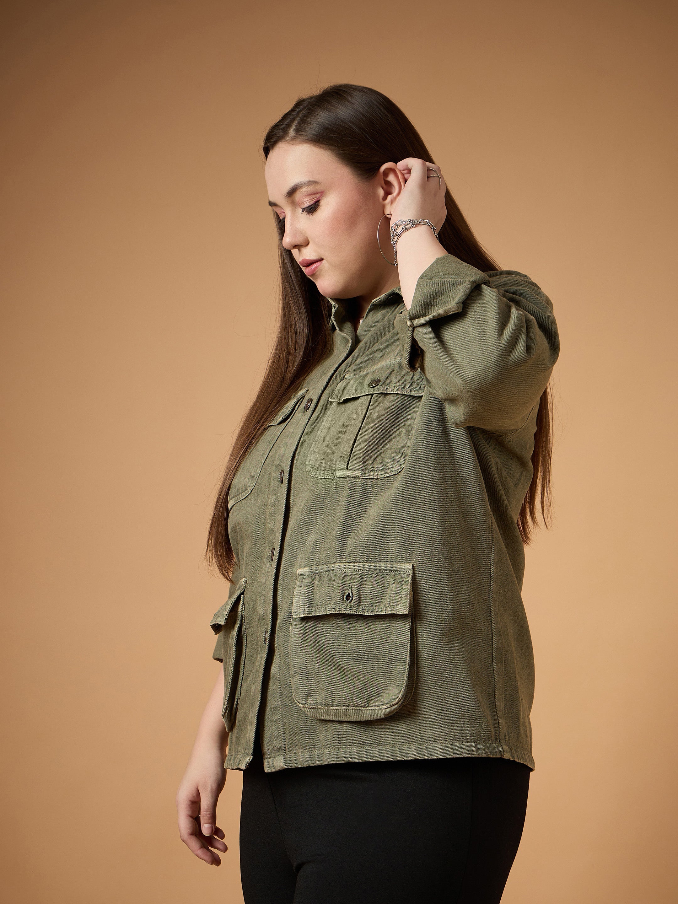 Women Olive Acid Denim Wash Shacket