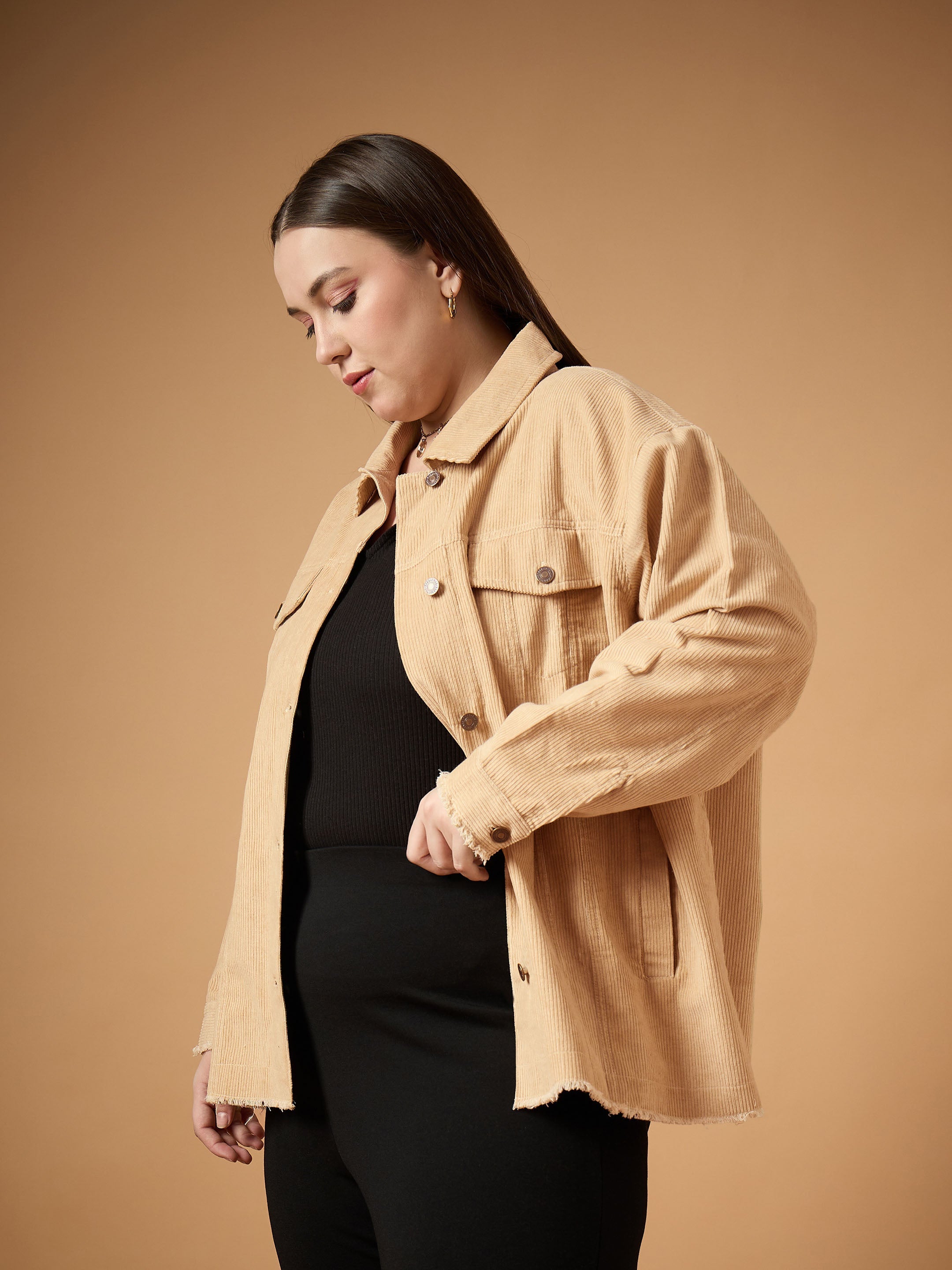 Women Beige Corduroy Front Button Shacket