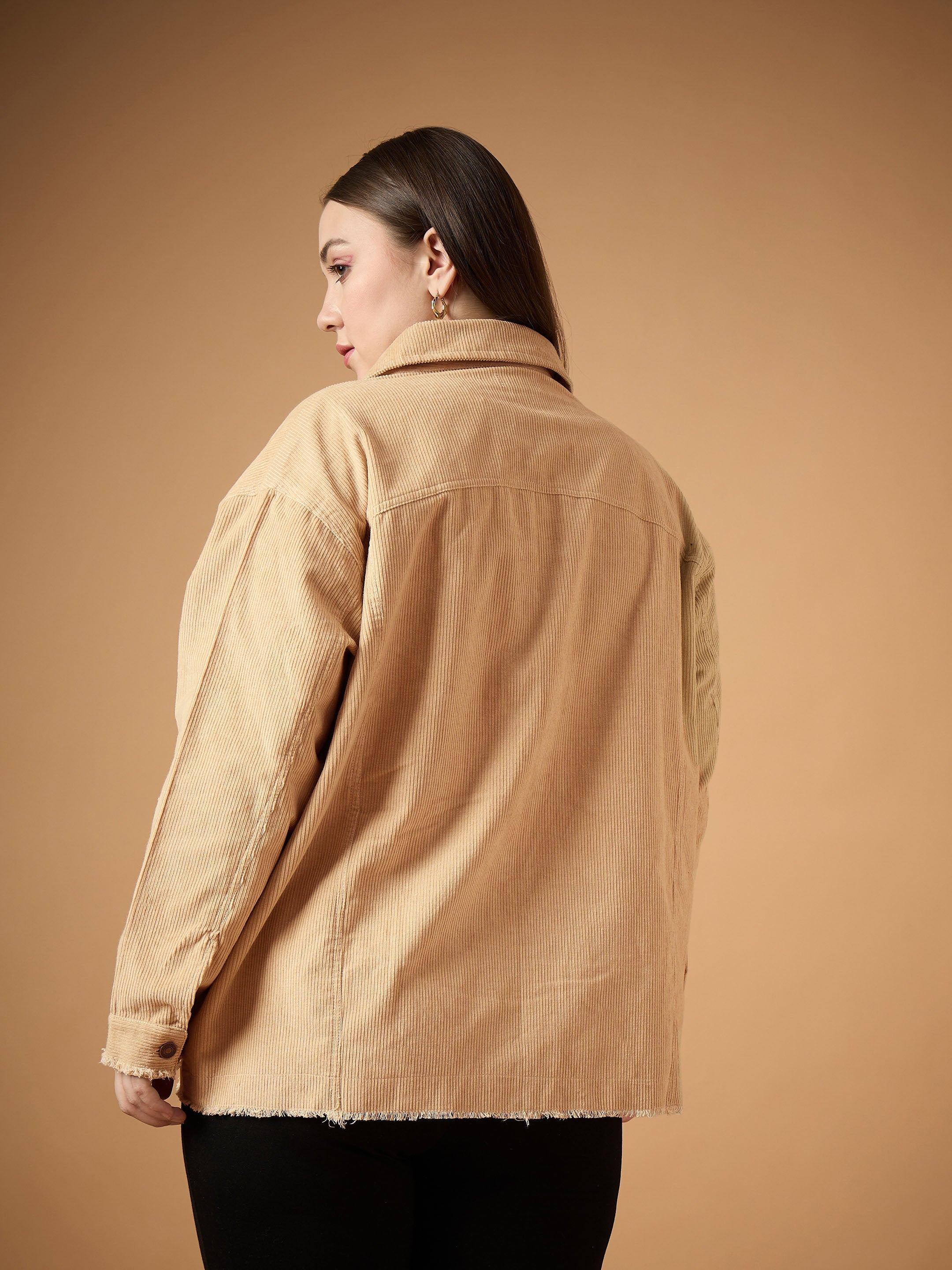 Women Beige Corduroy Front Button Shacket