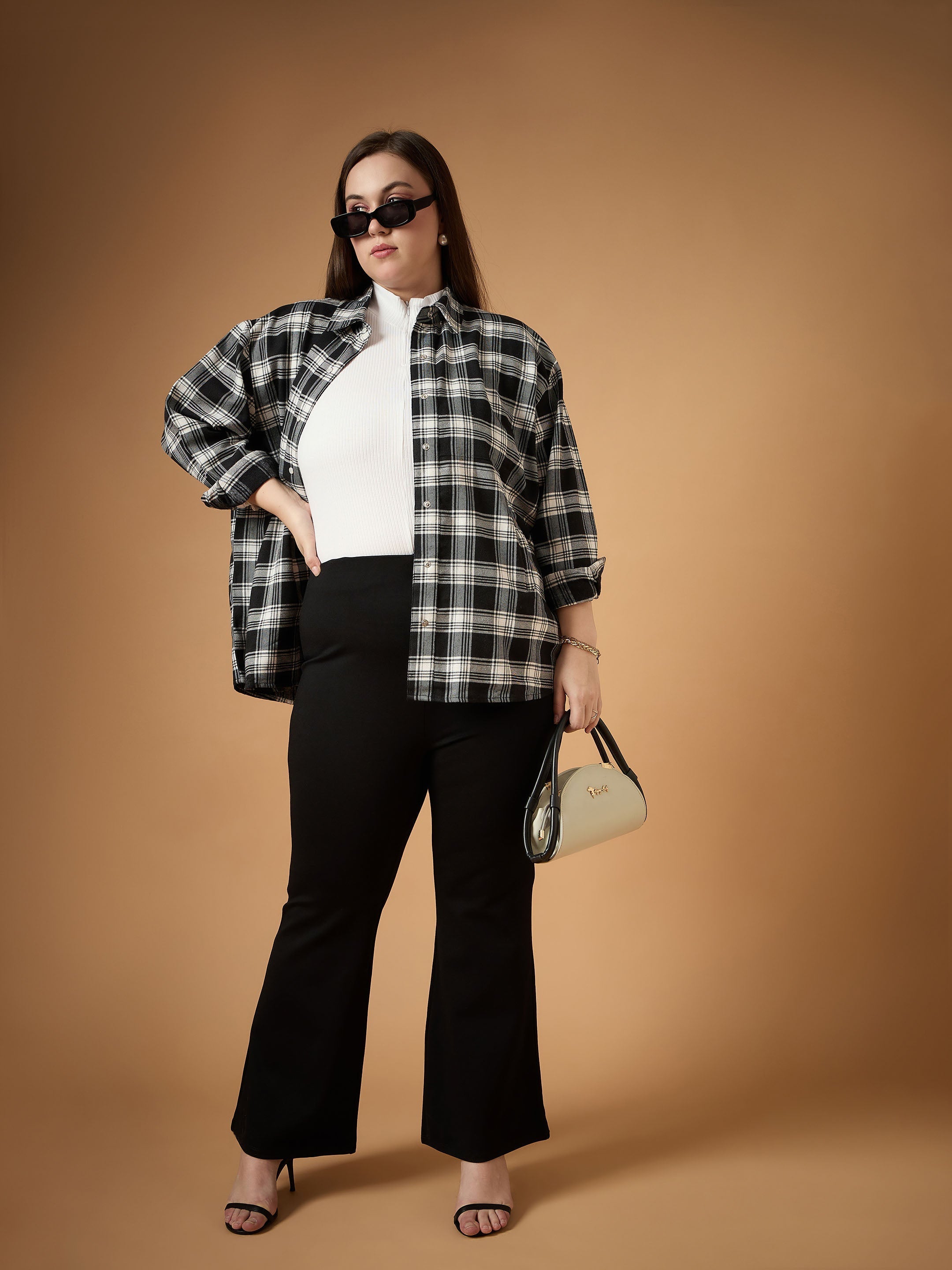 Women Black & White Flannel Check Front Button Shacket