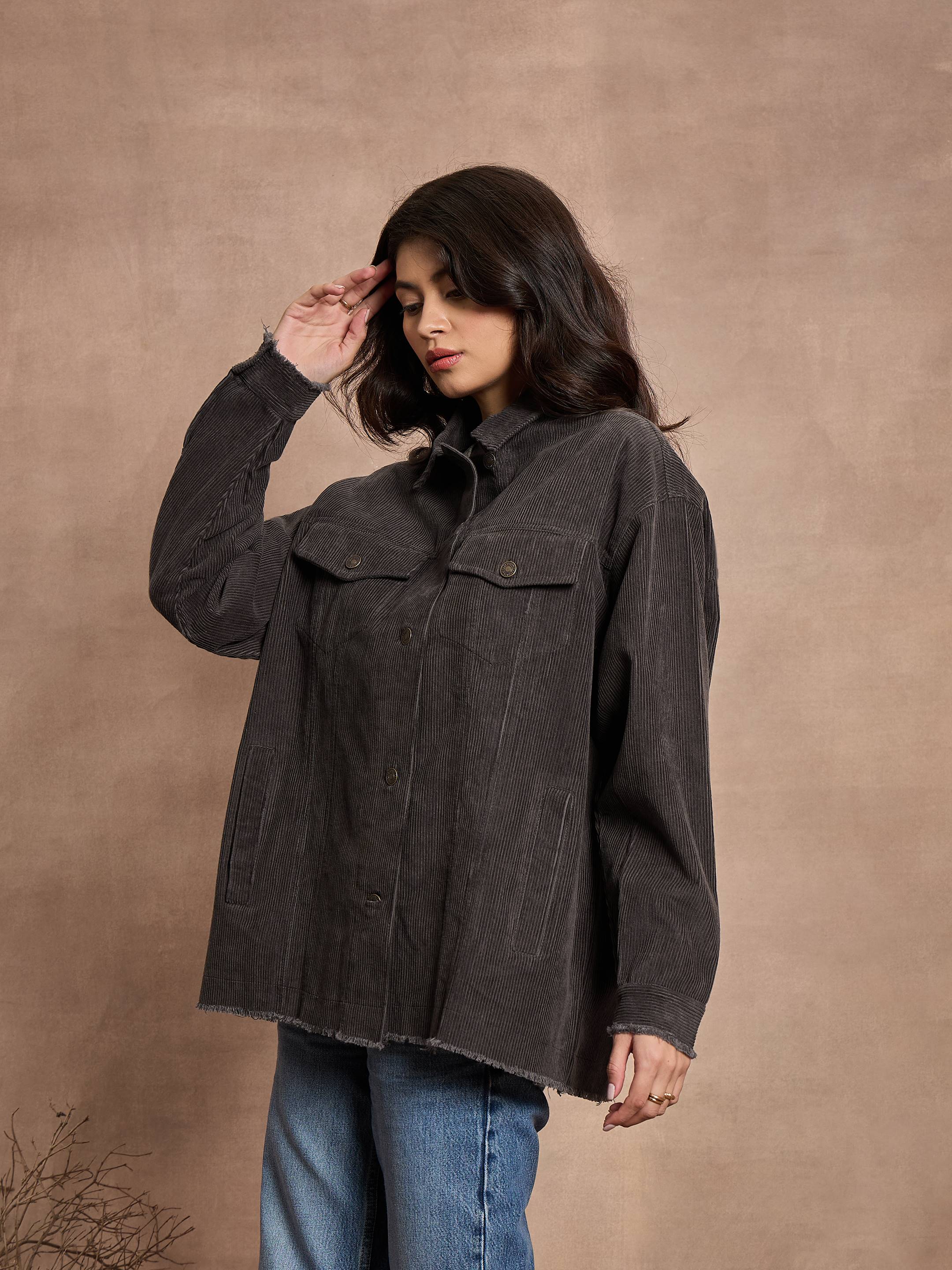 Women Dark Grey Corduroy Oversize Shacket