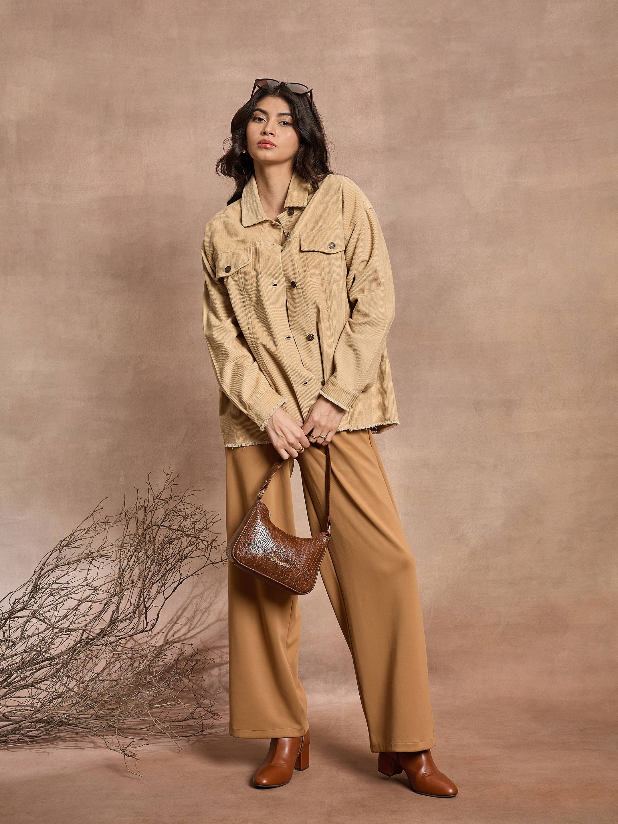 Women Beige Corduroy Oversize Shacket