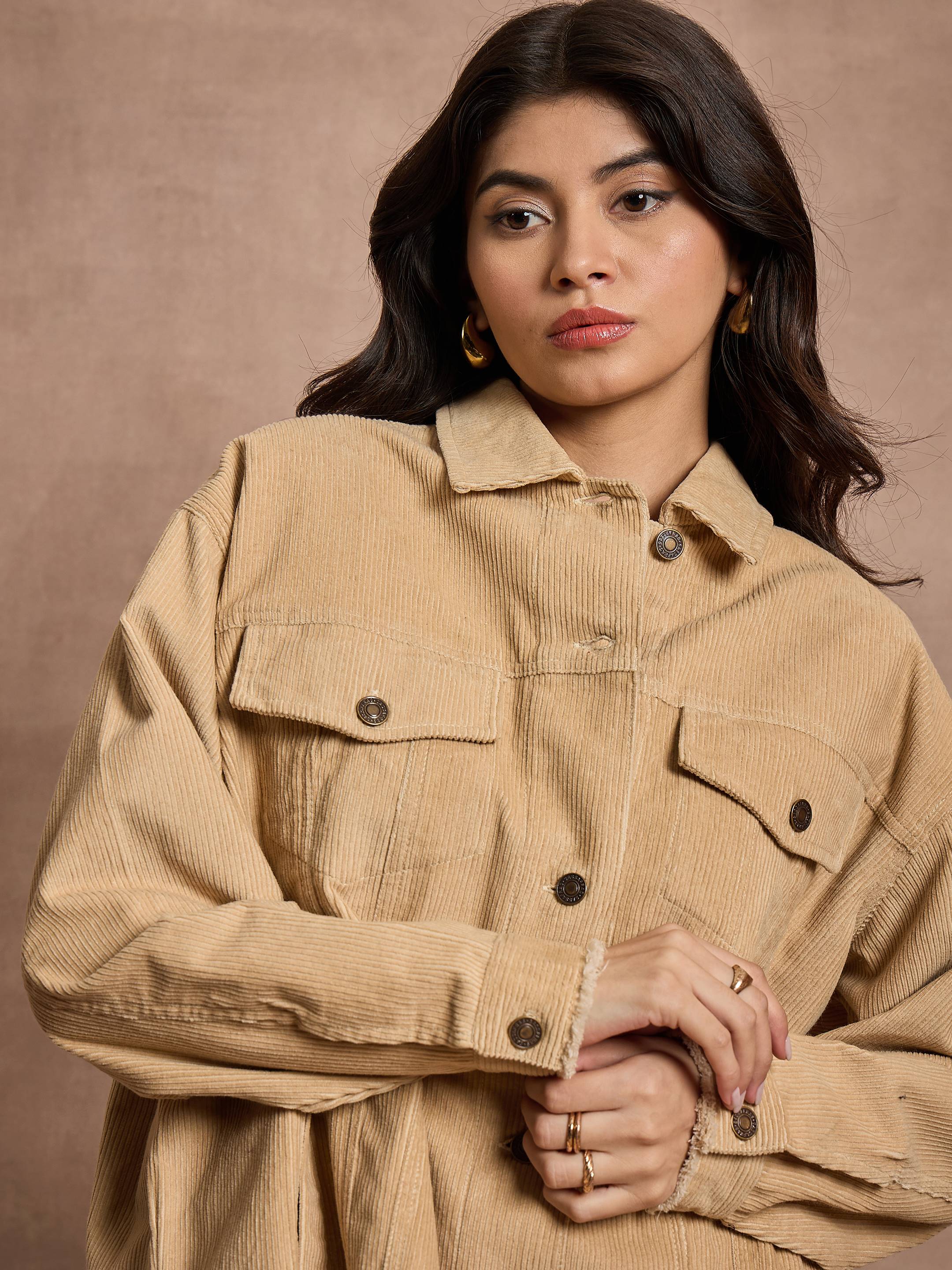 Women Beige Corduroy Oversize Shacket