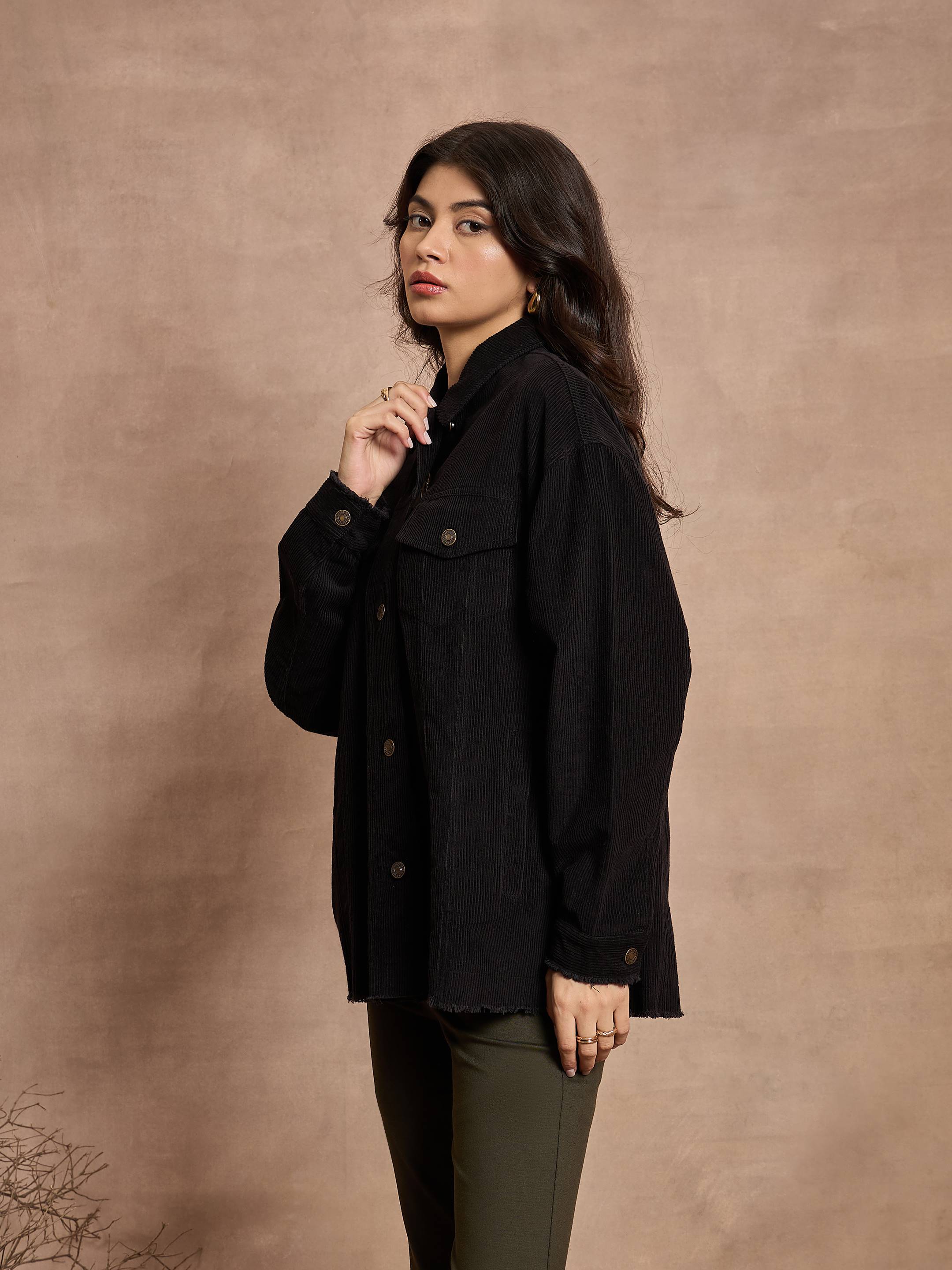 Women Black Corduroy Oversize Shacket