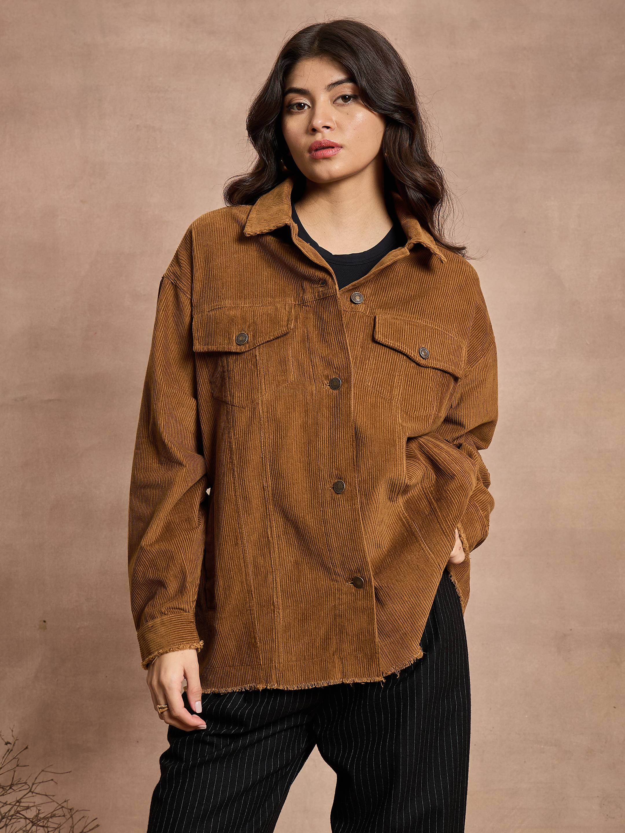 Women Brown Corduroy Oversize Shacket