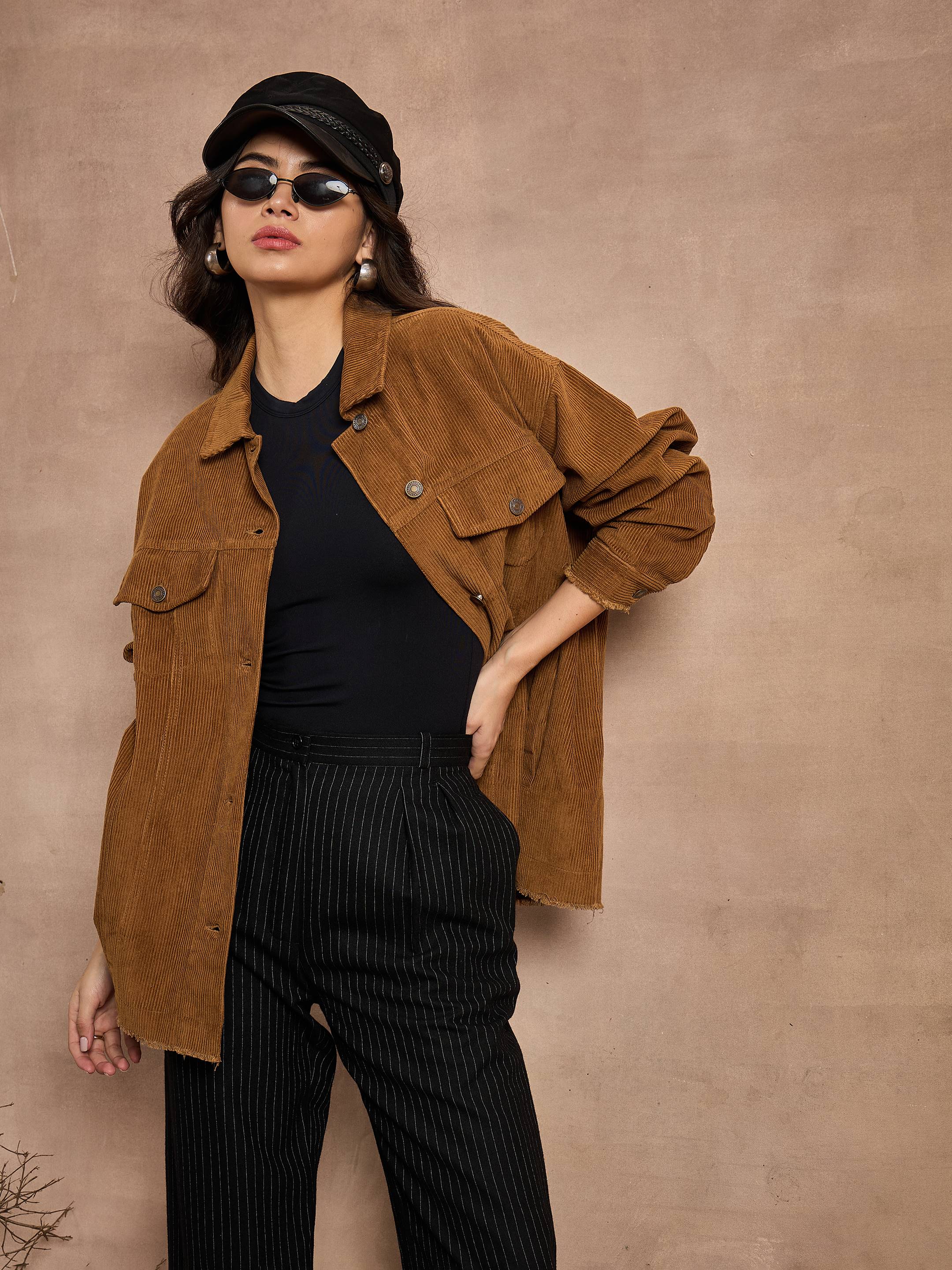 Women Brown Corduroy Oversize Shacket