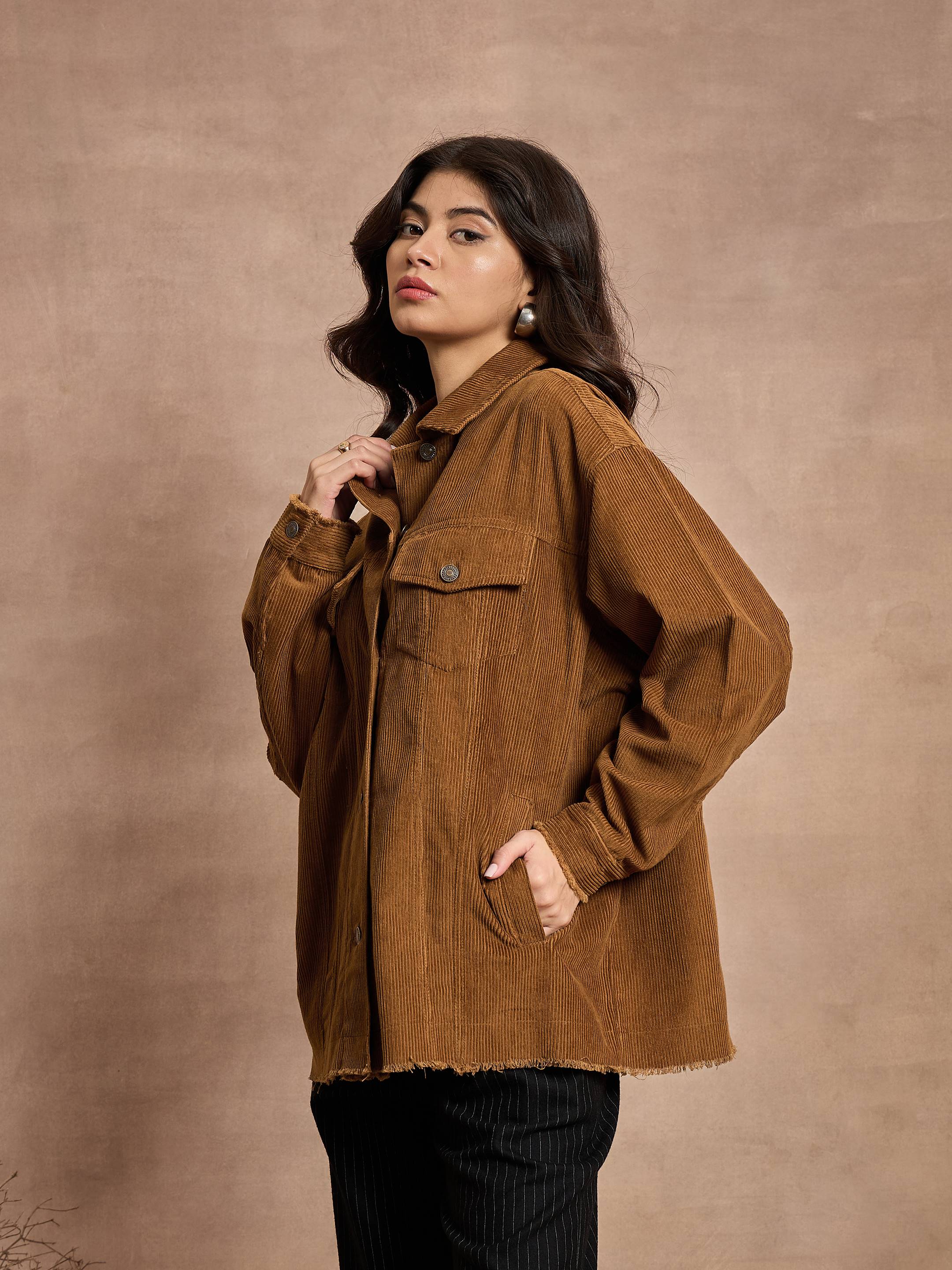 Women Brown Corduroy Oversize Shacket