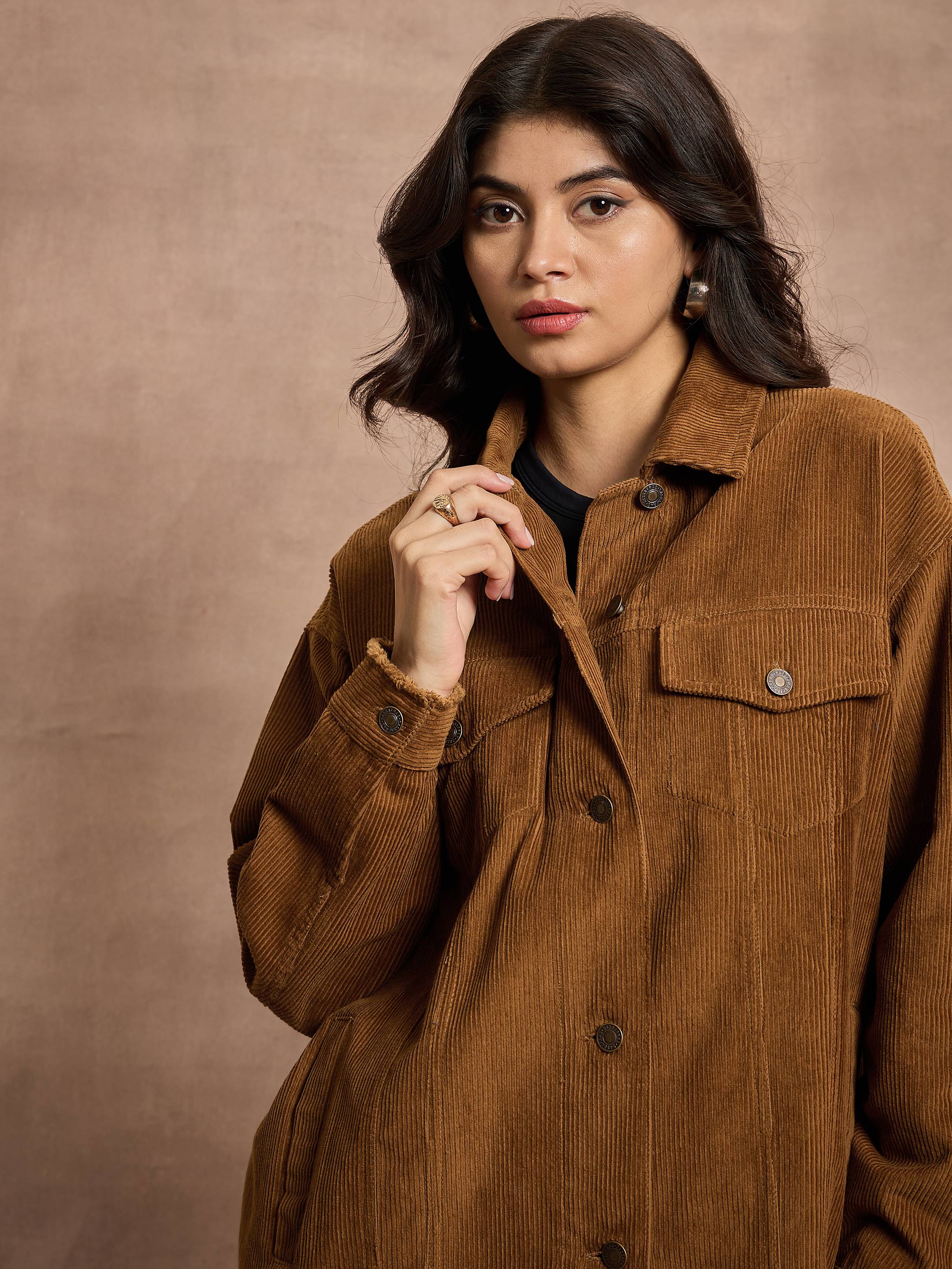 Women Brown Corduroy Oversize Shacket