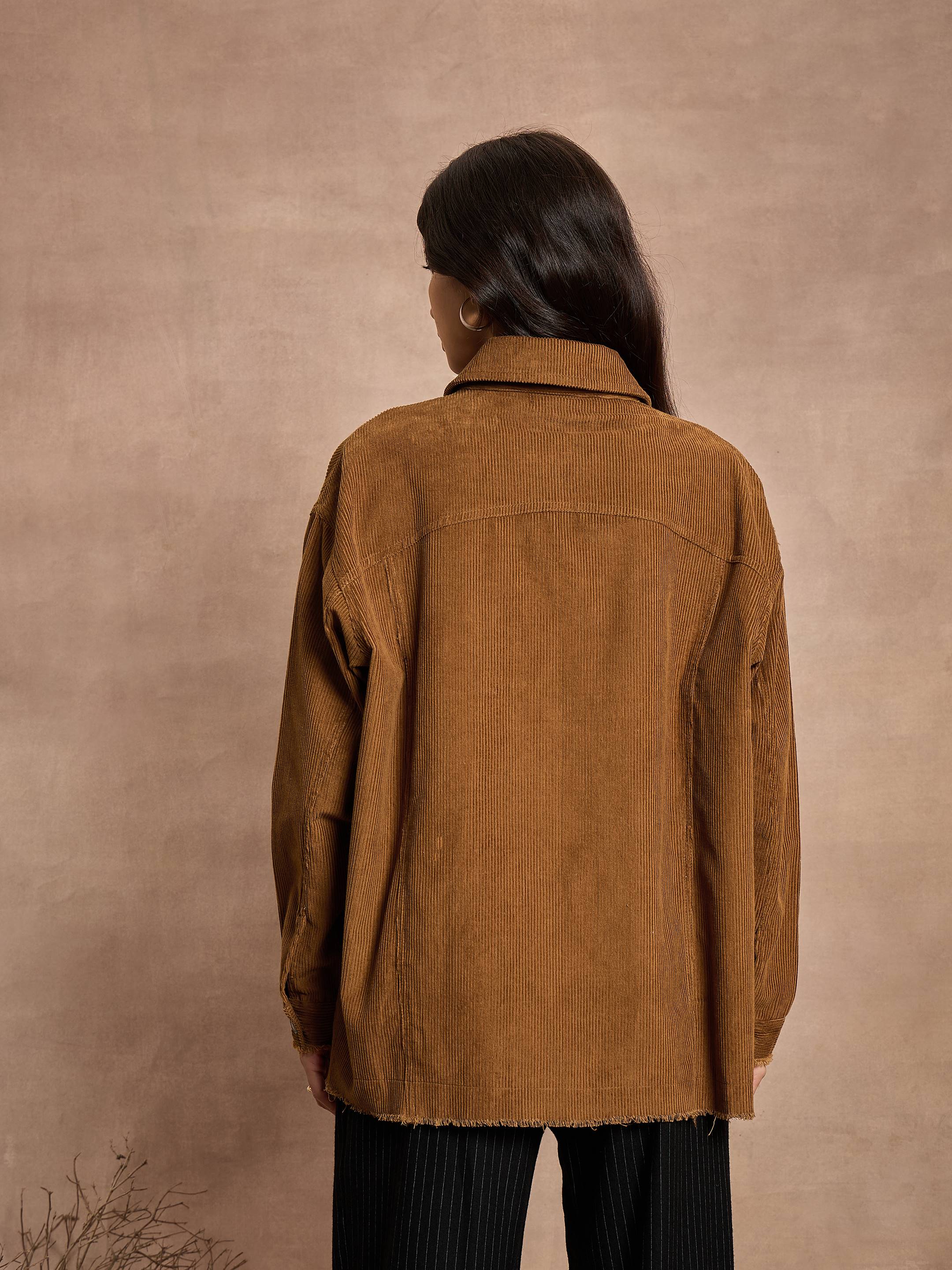 Women Brown Corduroy Oversize Shacket