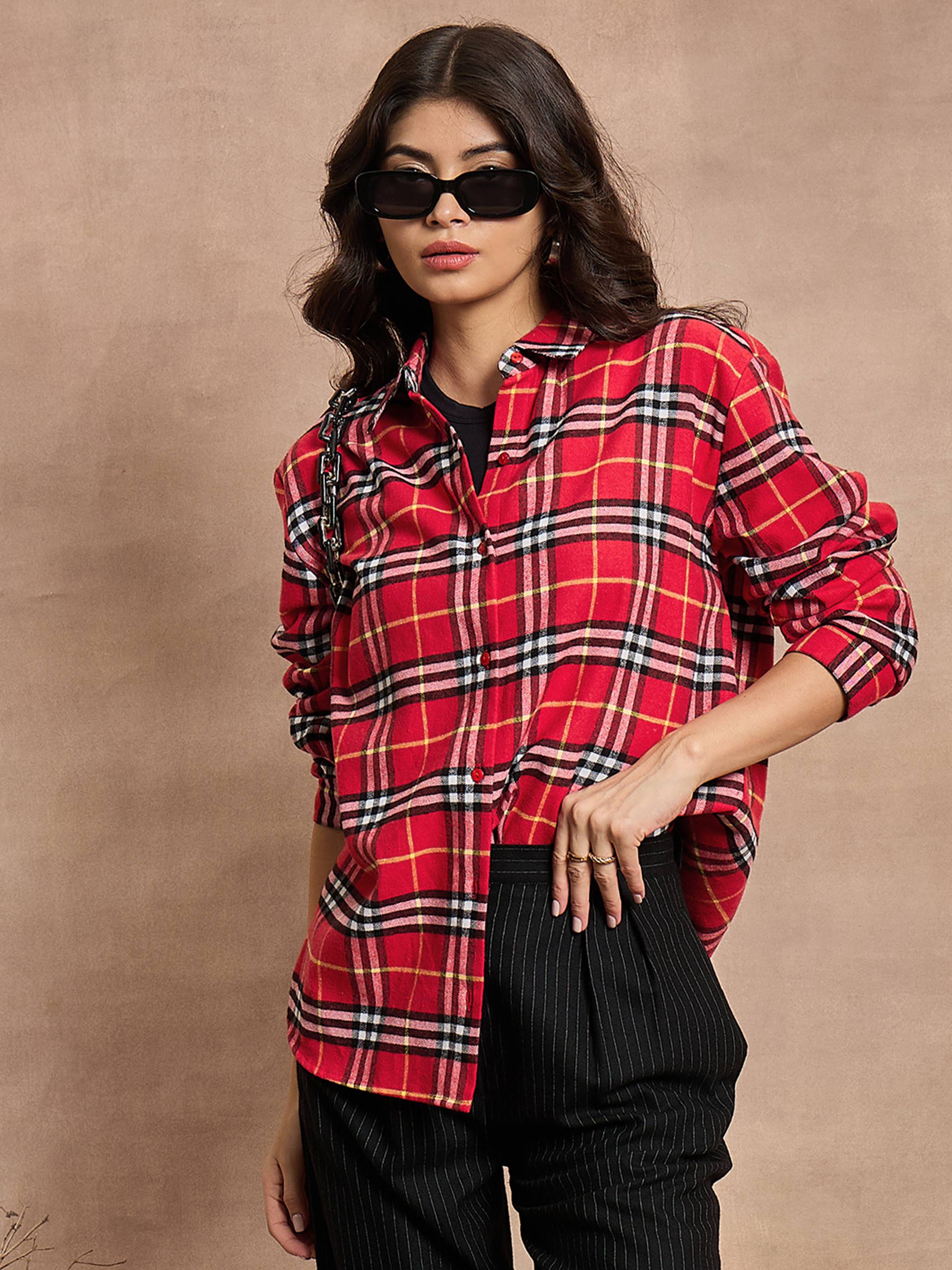 Women Red Check Oversized Shirt