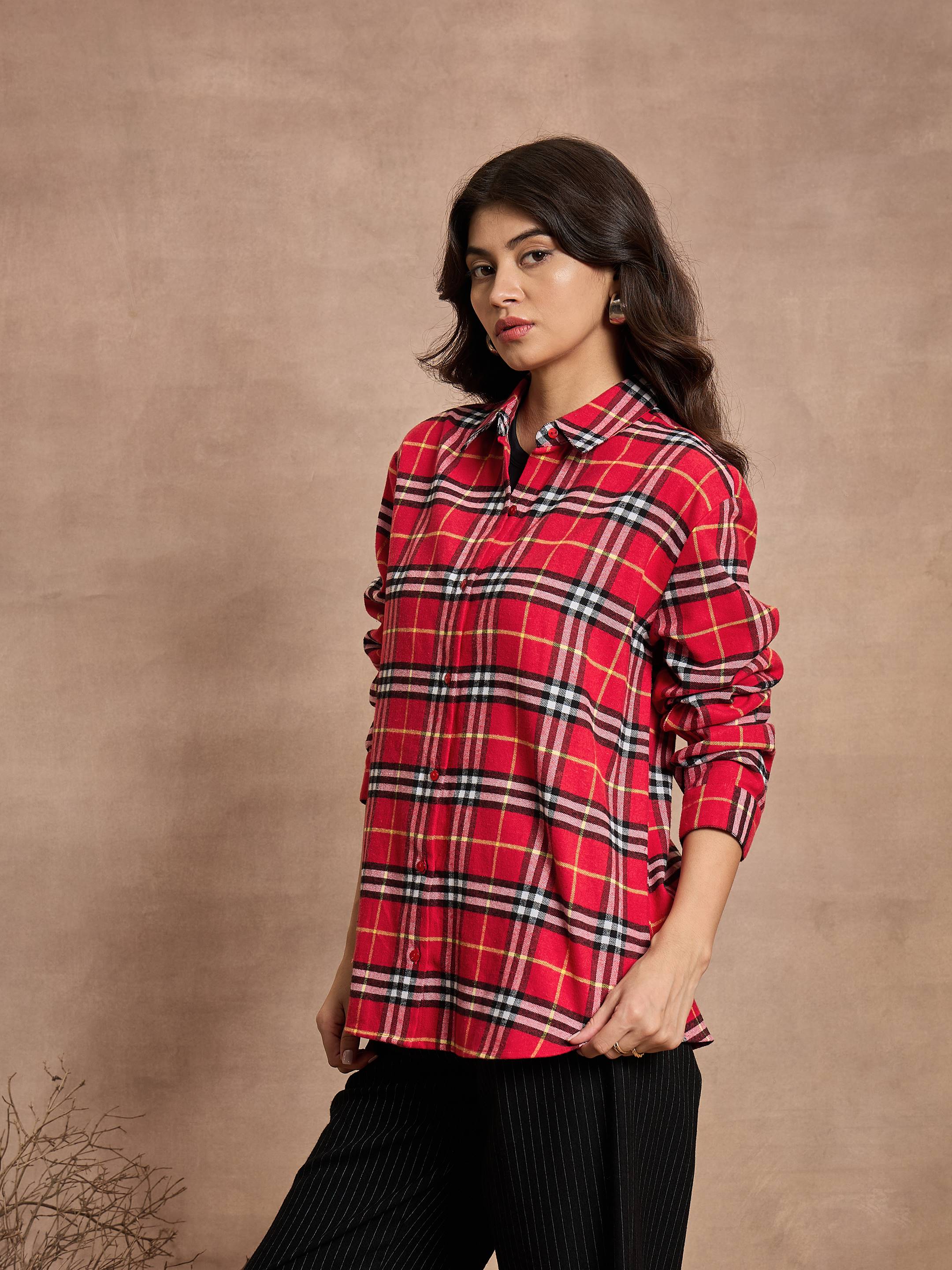 Women Red Check Oversized Shirt