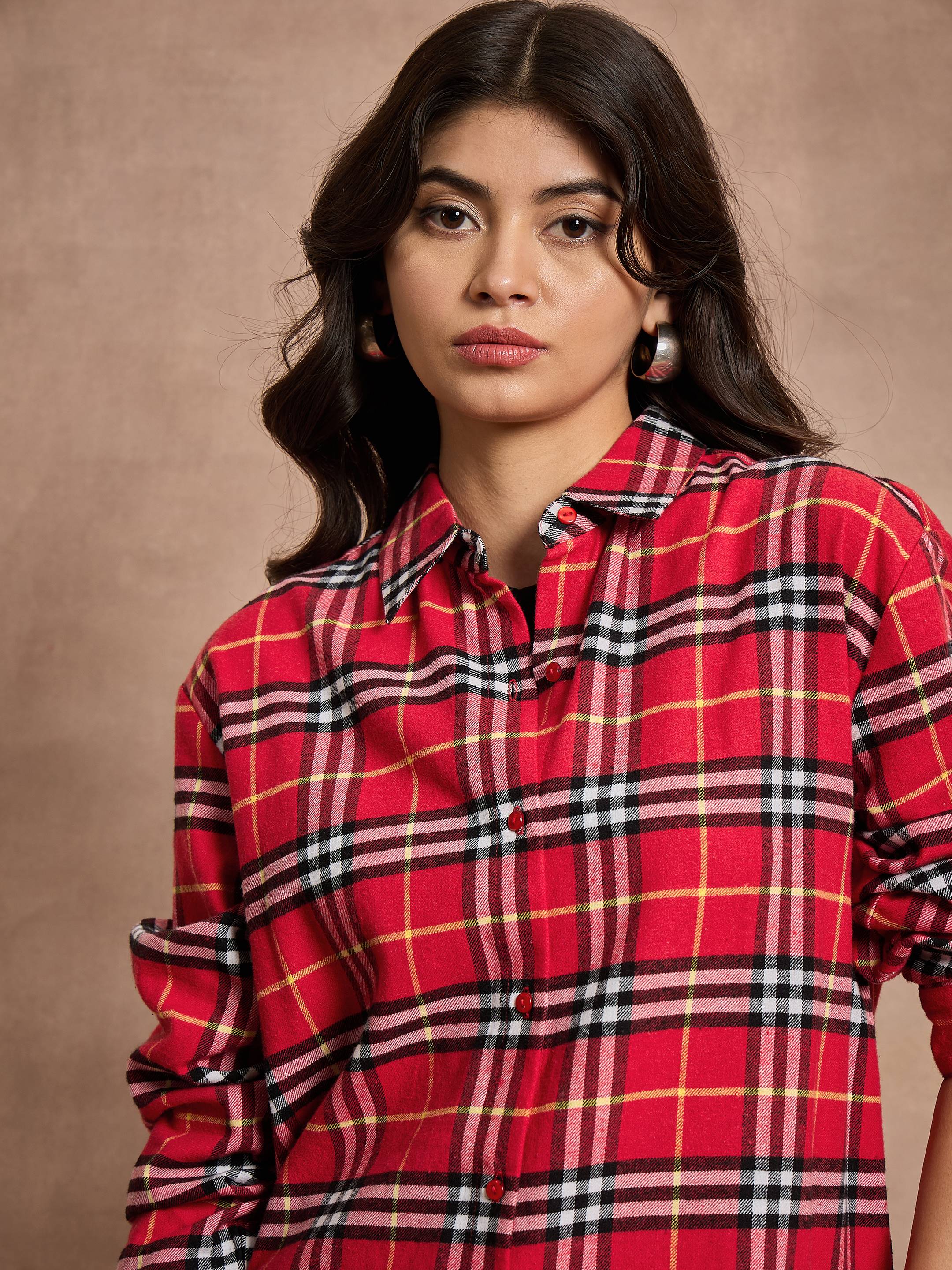 Women Red Check Oversized Shirt