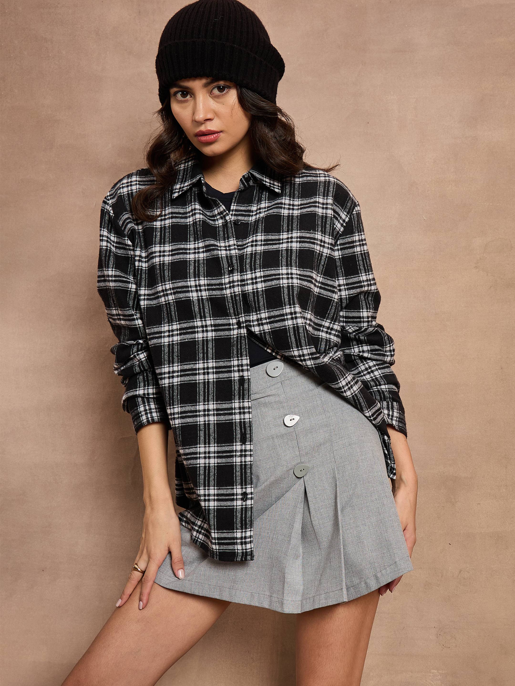 Women Black Check Oversized Shirt