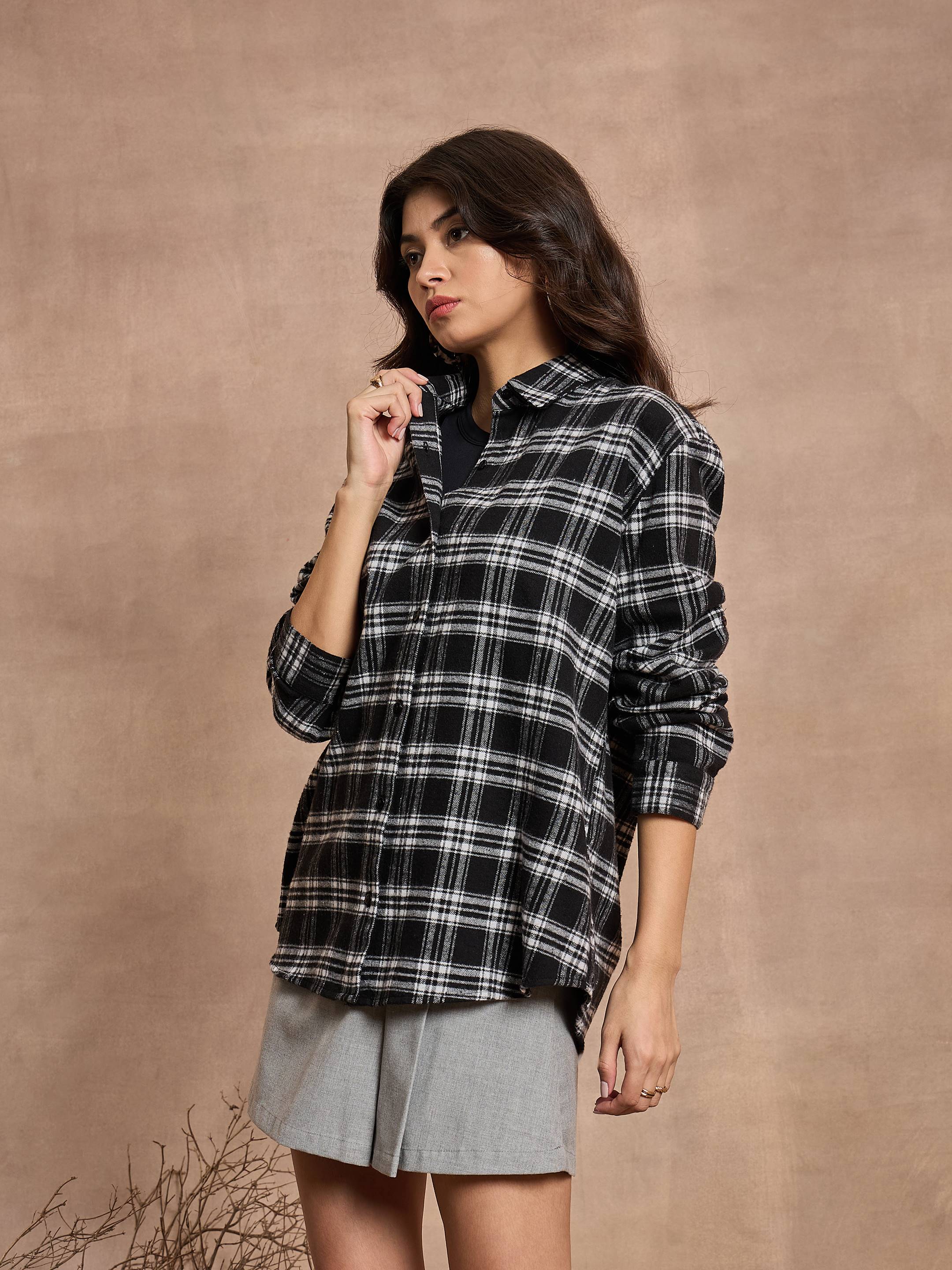 Women Black Check Oversized Shirt