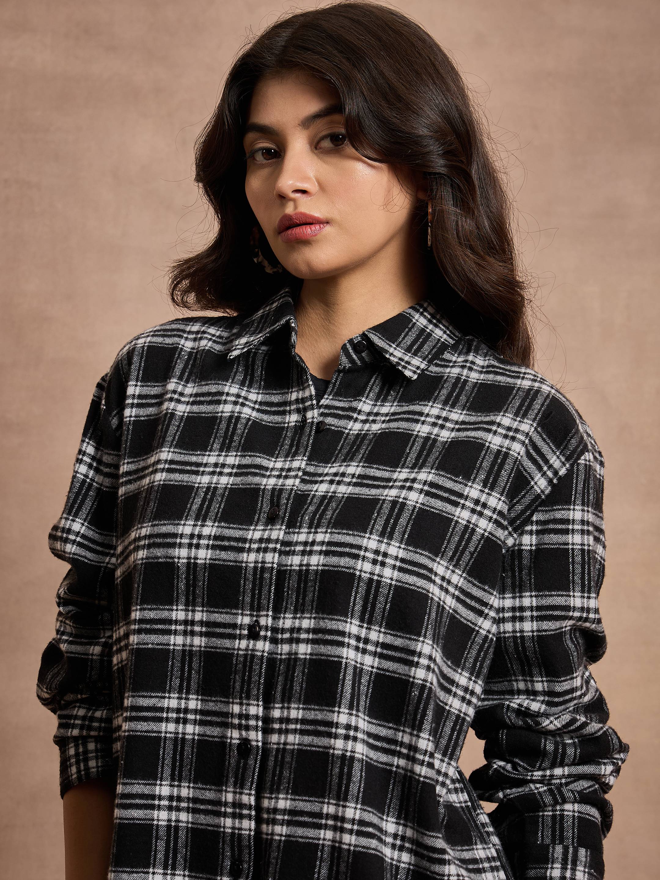 Women Black Check Oversized Shirt