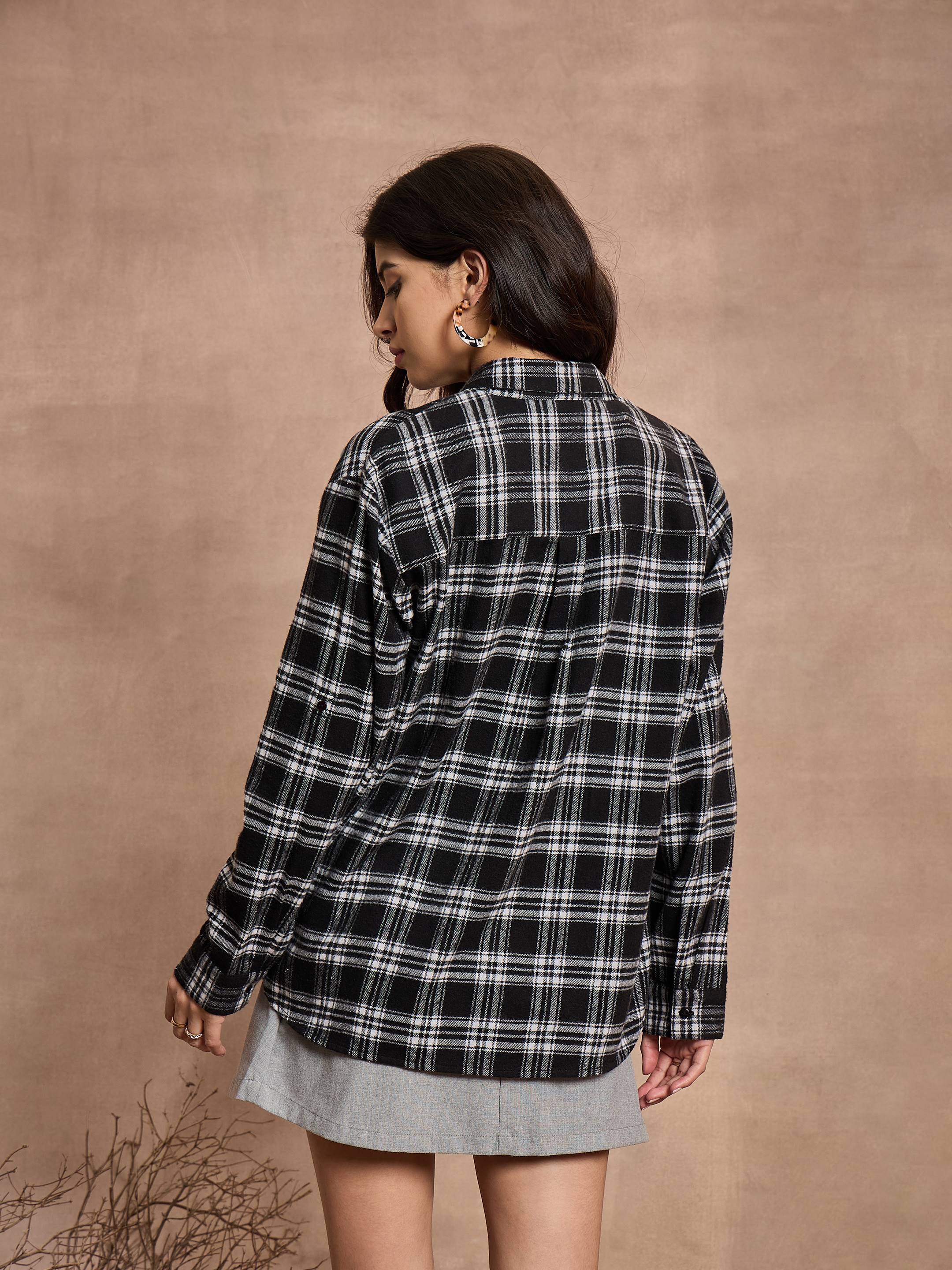 Women Black Check Oversized Shirt