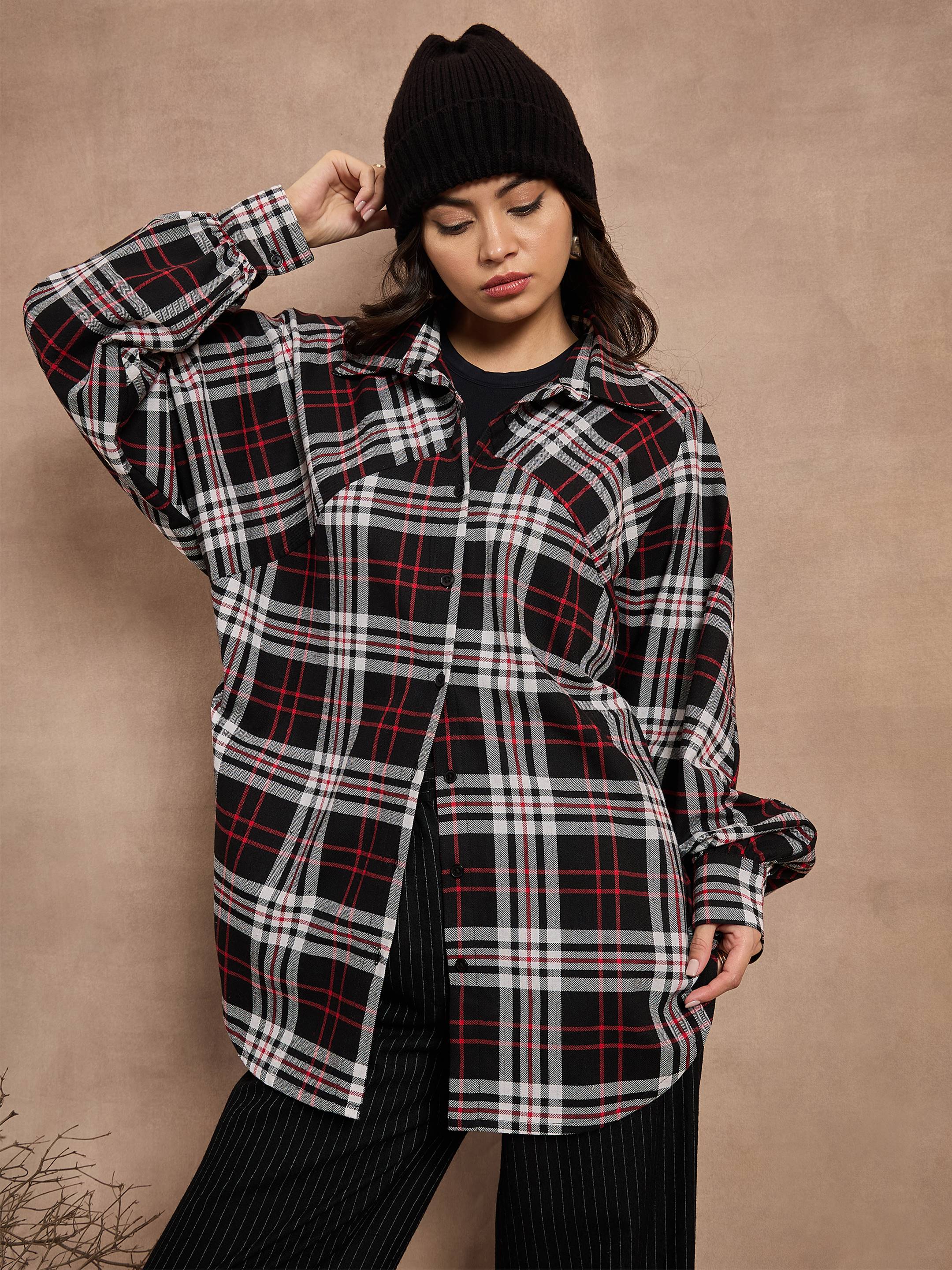 Women Black & White Checked Oversized Shirt