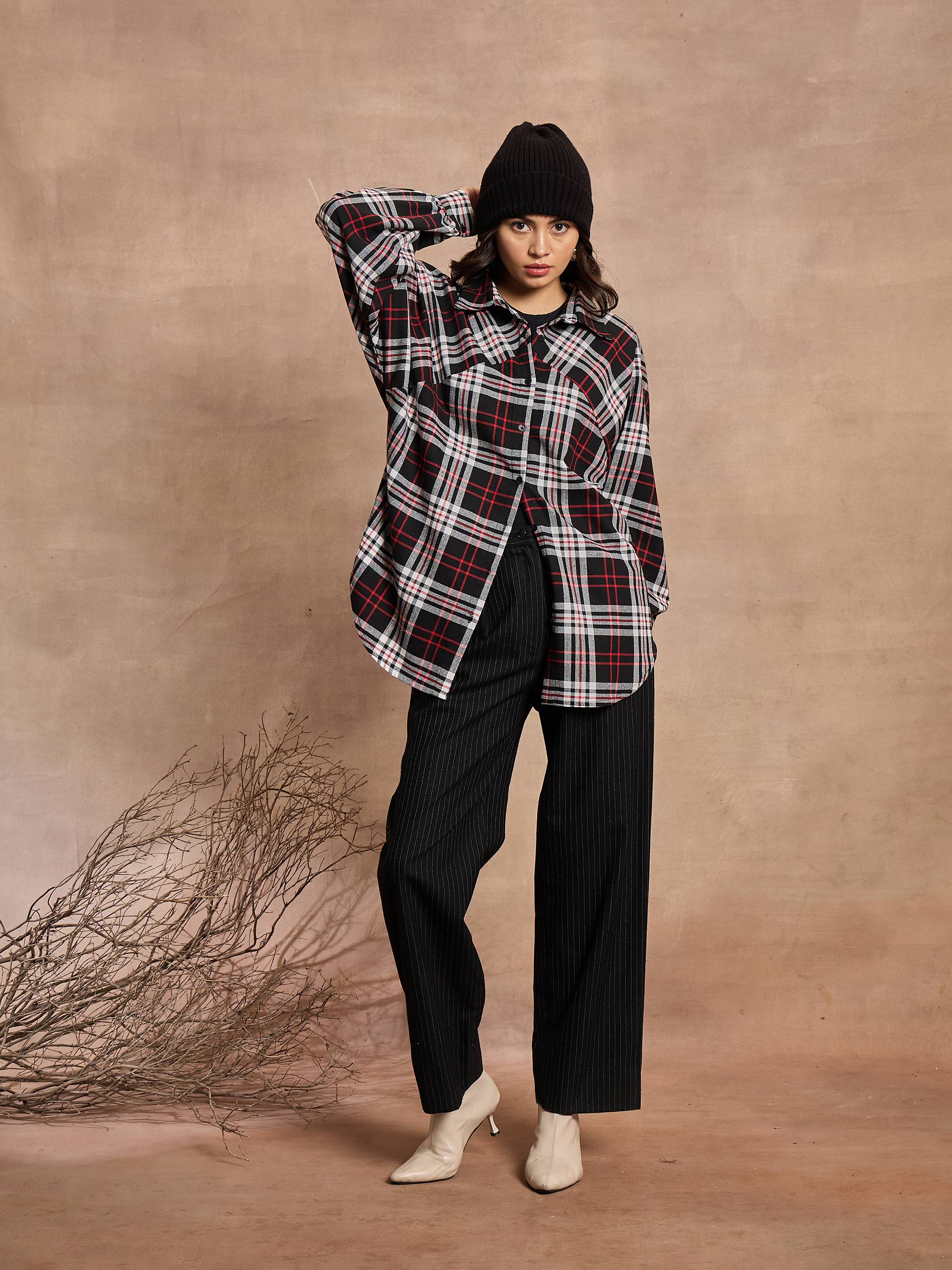 Women Black & White Checked Oversized Shirt