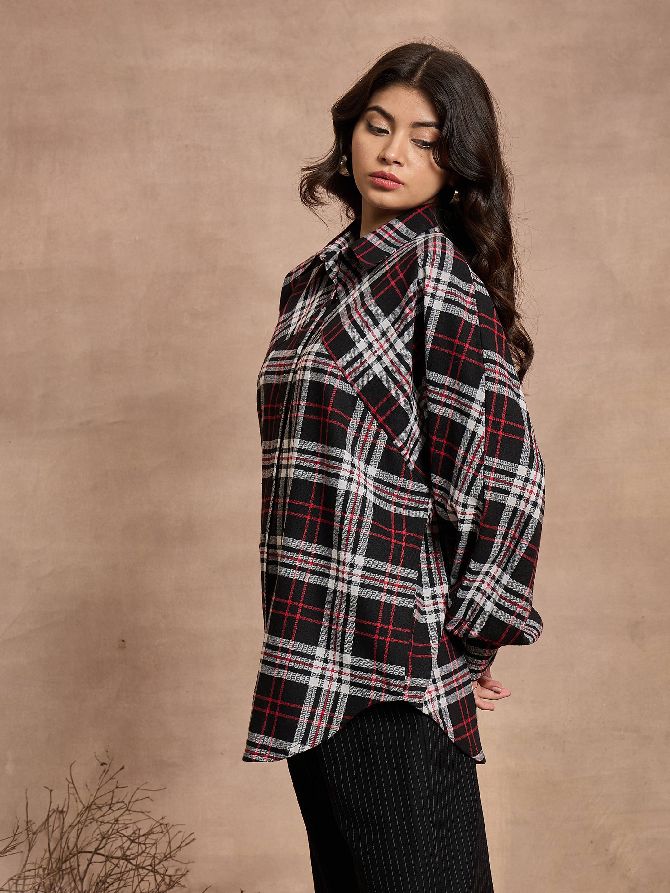 Women Black & White Checked Oversized Shirt