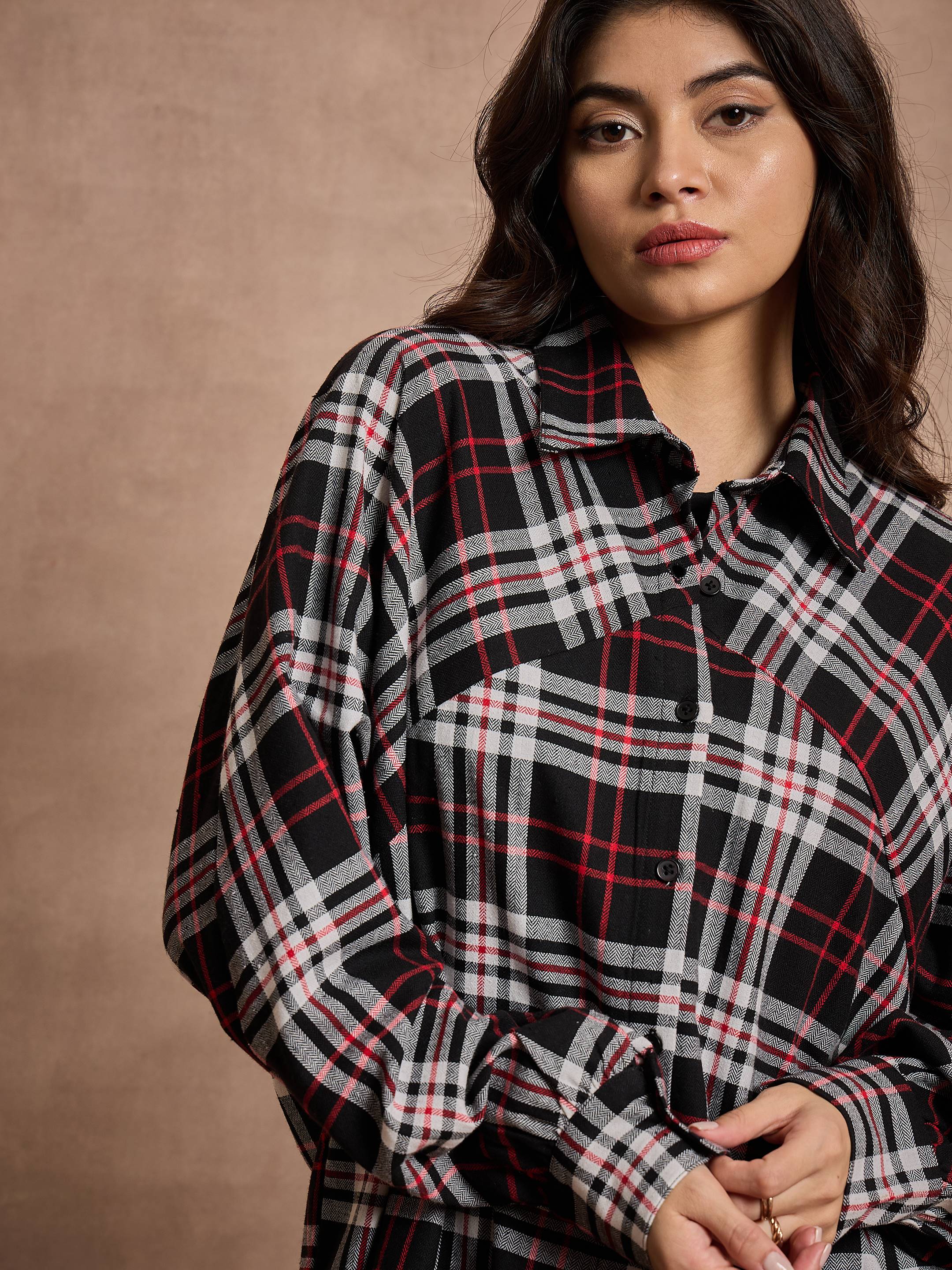 Women Black & White Checked Oversized Shirt