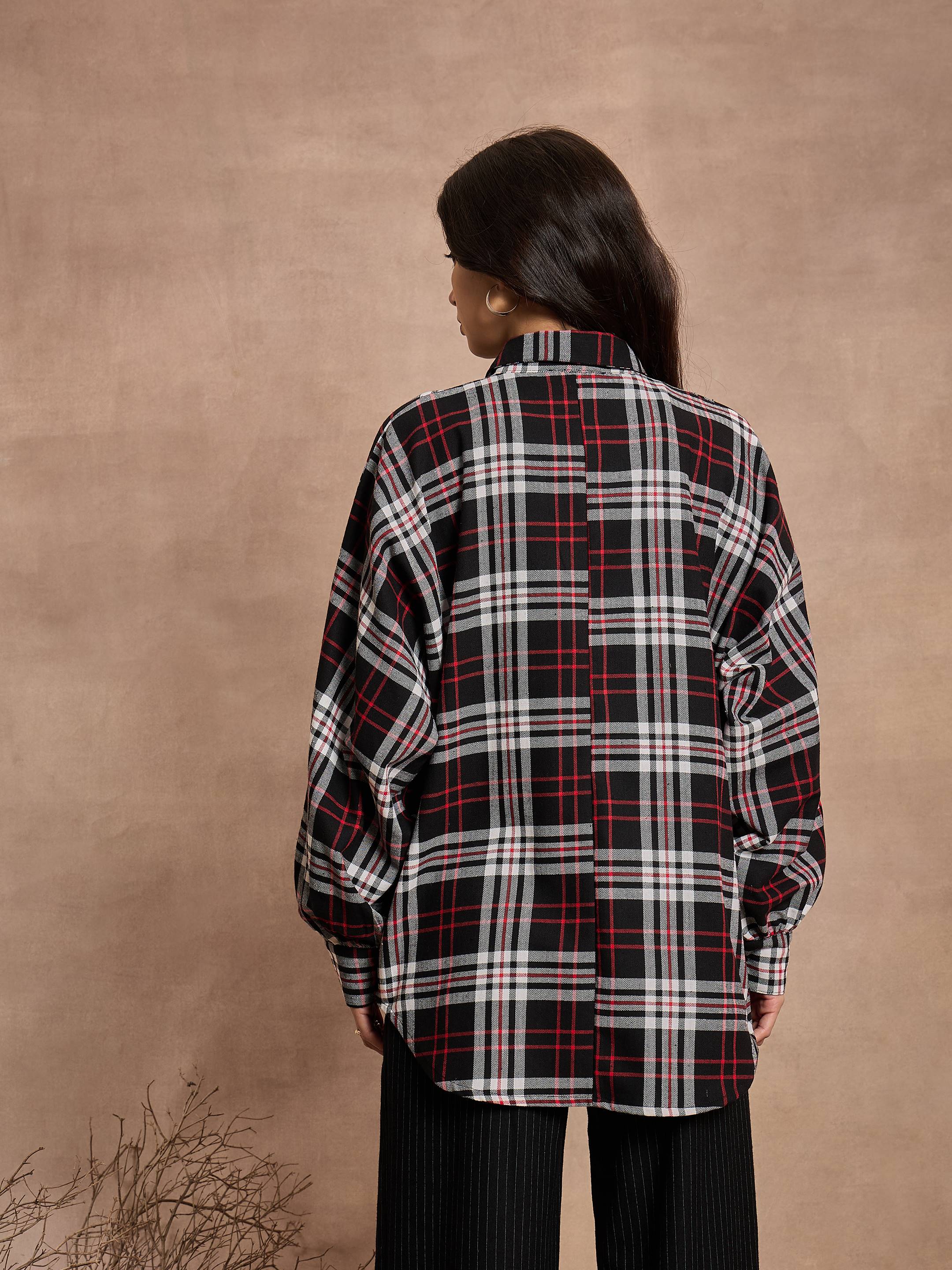 Women Black & White Checked Oversized Shirt