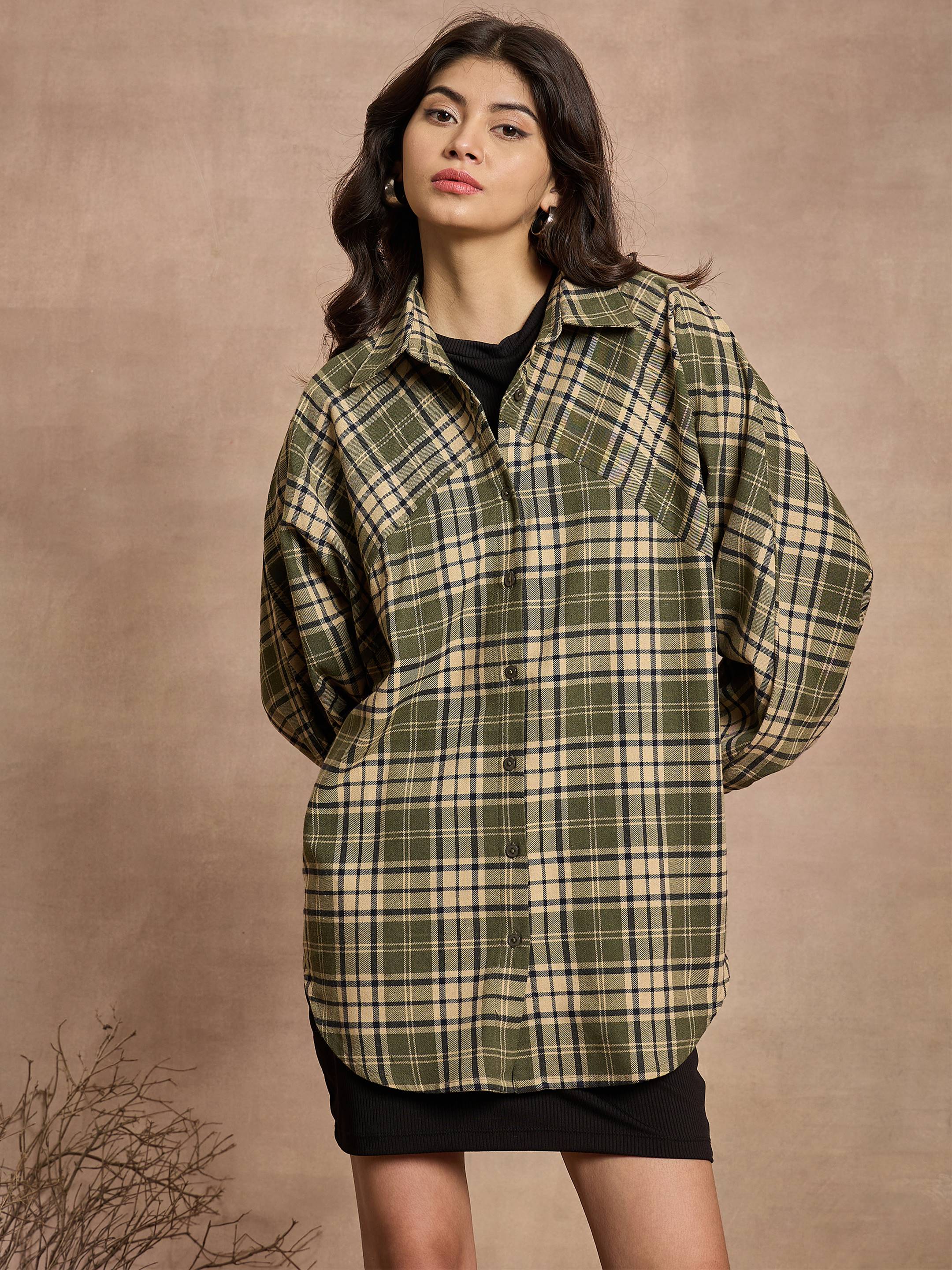 Women Green & Beige Checked Oversized Shirt