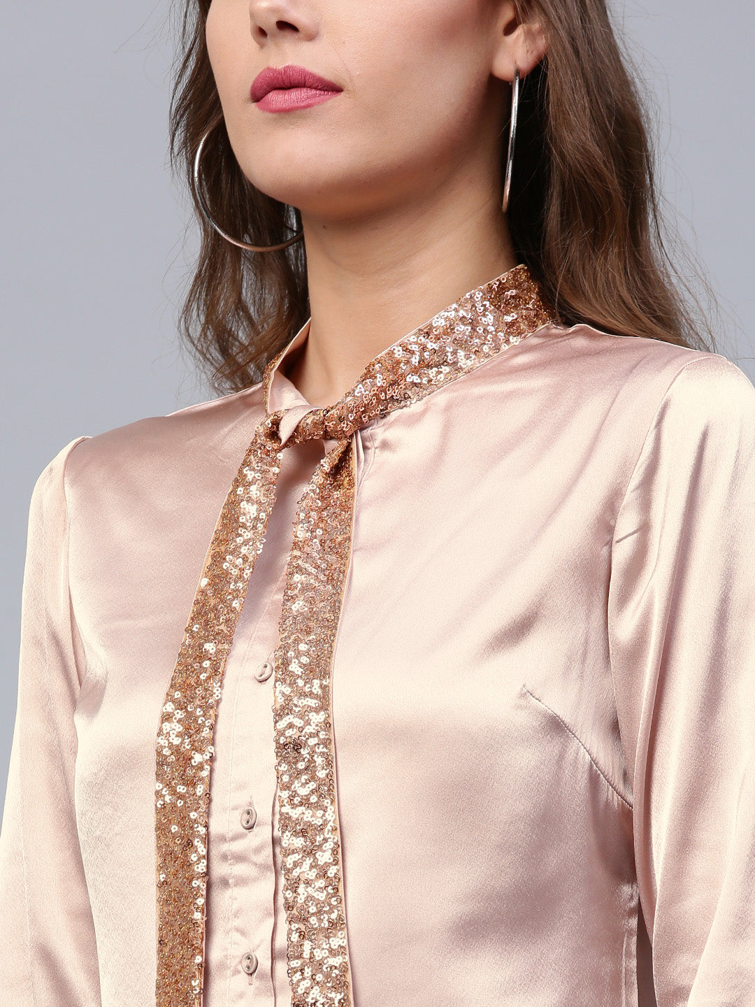 Pink Sequin Neck Tie Satin Shirt