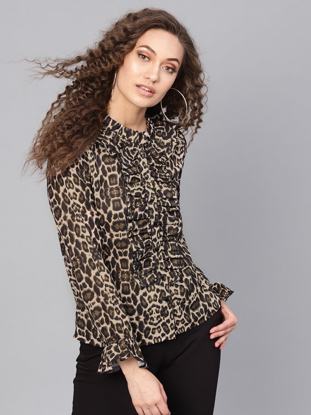 Black Cheetah Cascading Ruffles Shirt