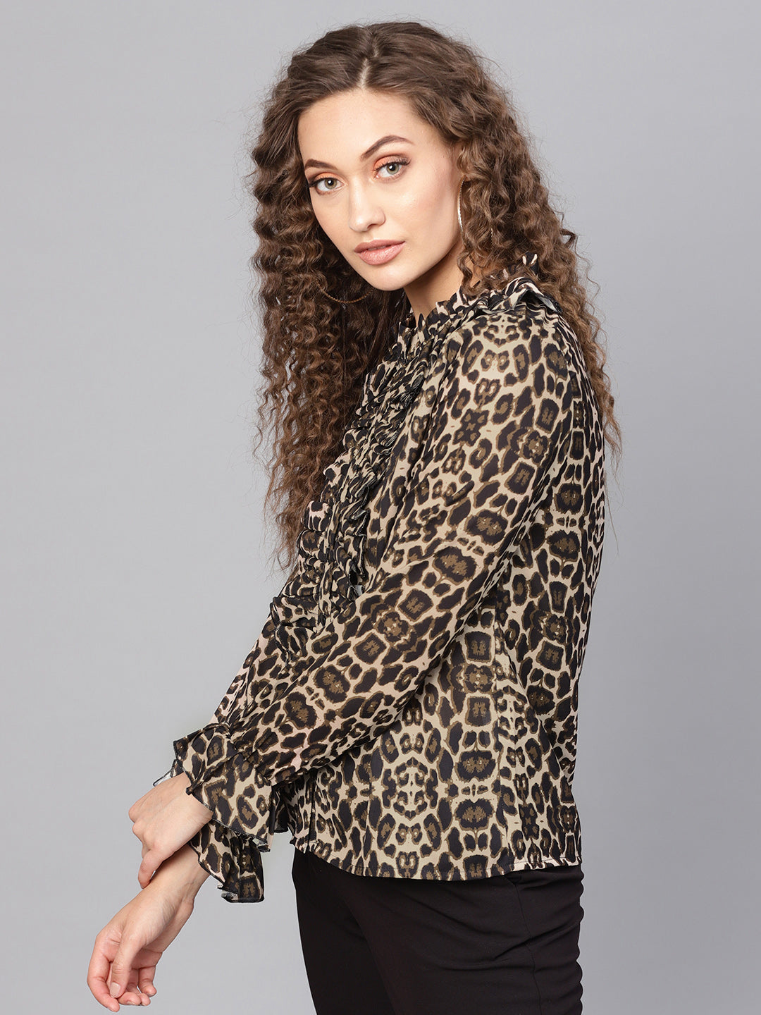 Black Cheetah Cascading Ruffles Shirt