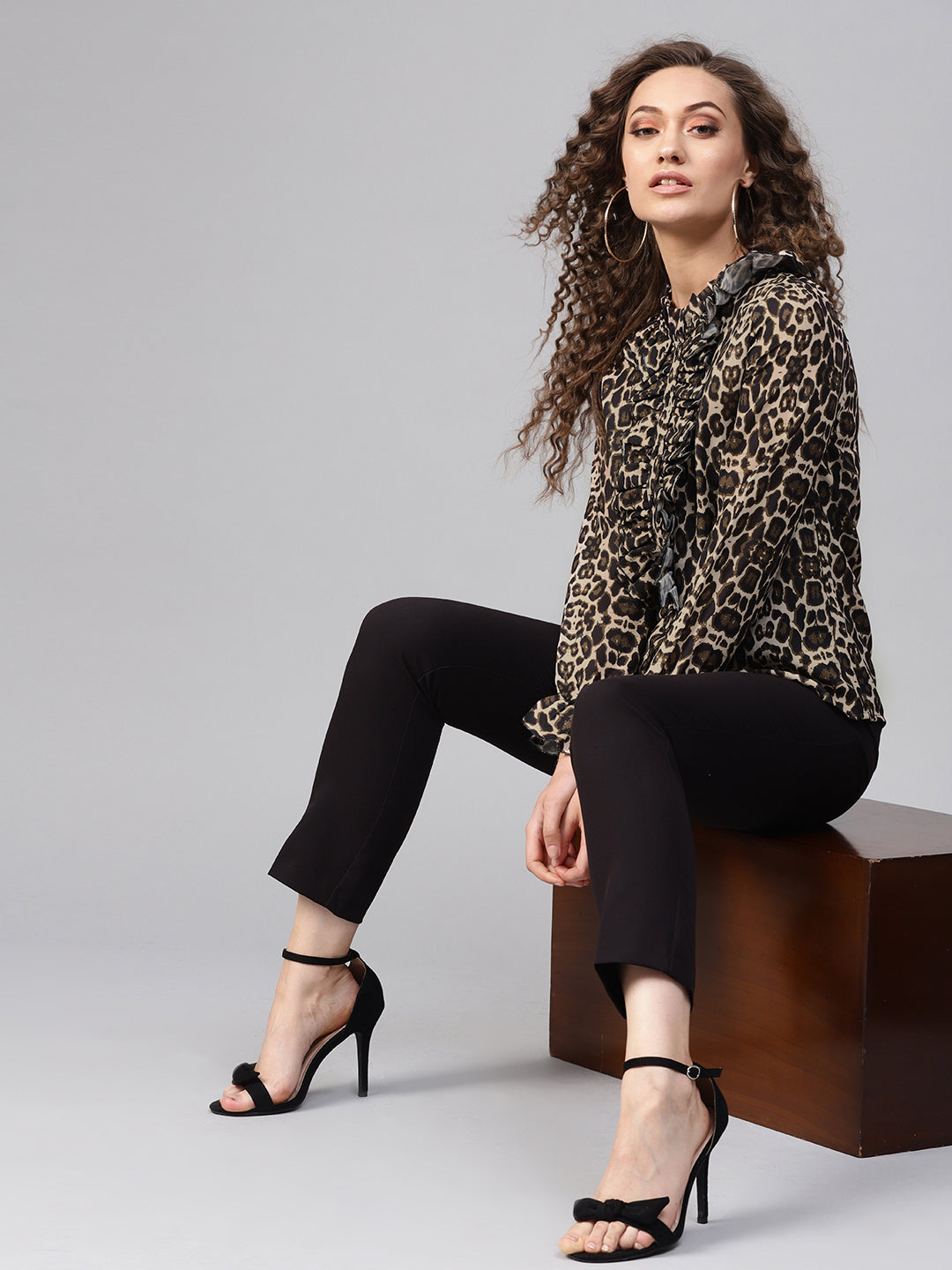 Black Cheetah Cascading Ruffles Shirt