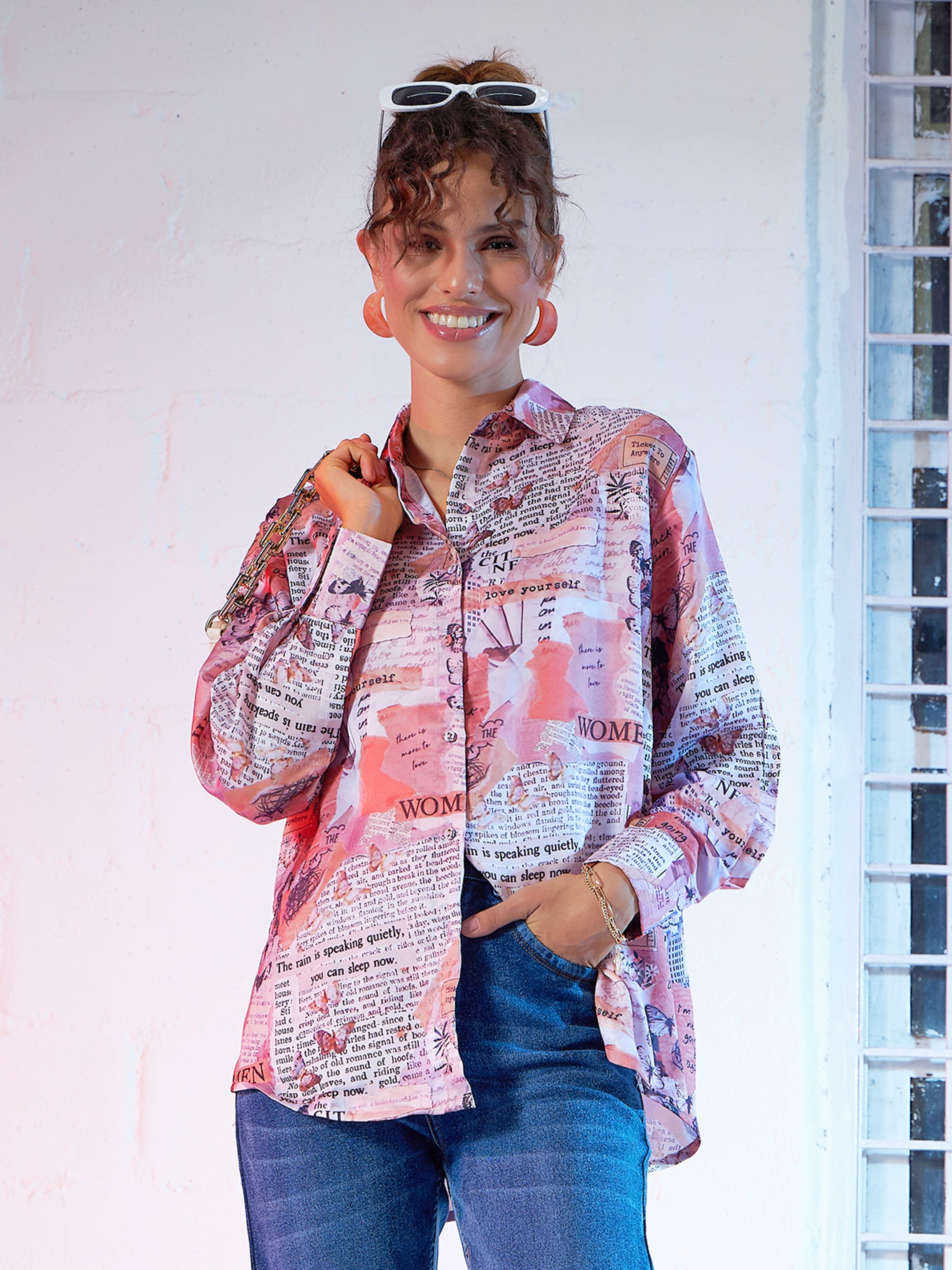 Women Beige Pink Newspaper Print Satin Shirt