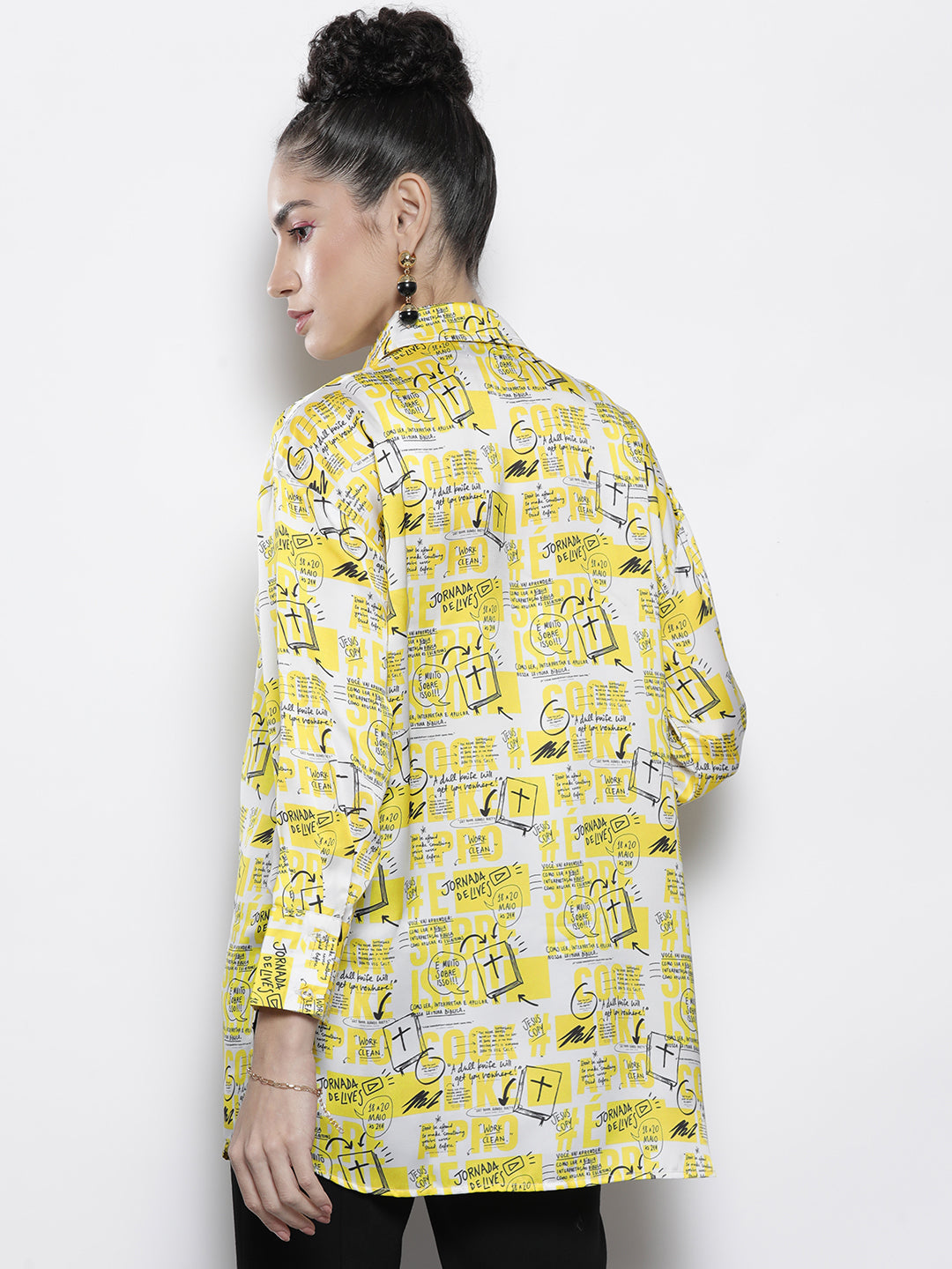 Women Yellow Newspaper Print Satin Shirt