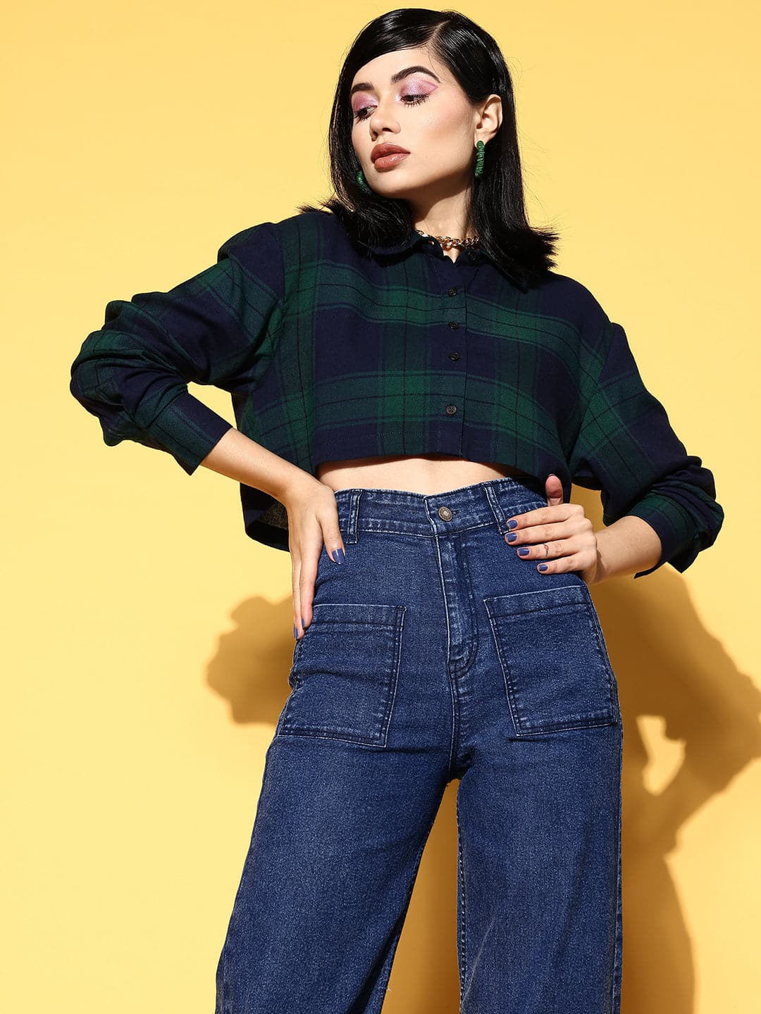 Women Navy Check Crop Shirt