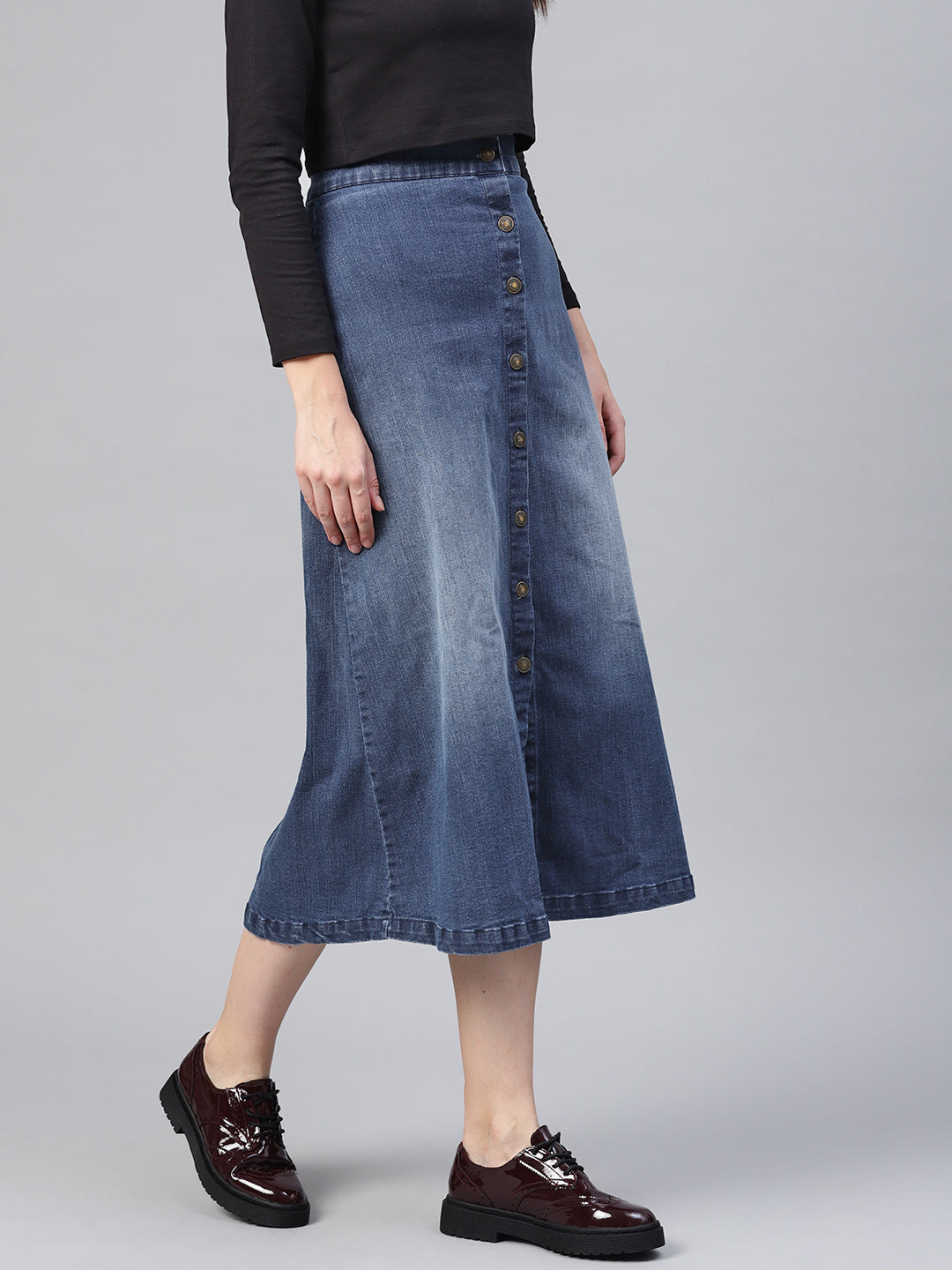 Denim Blue Washed Long Buttoned Skirt