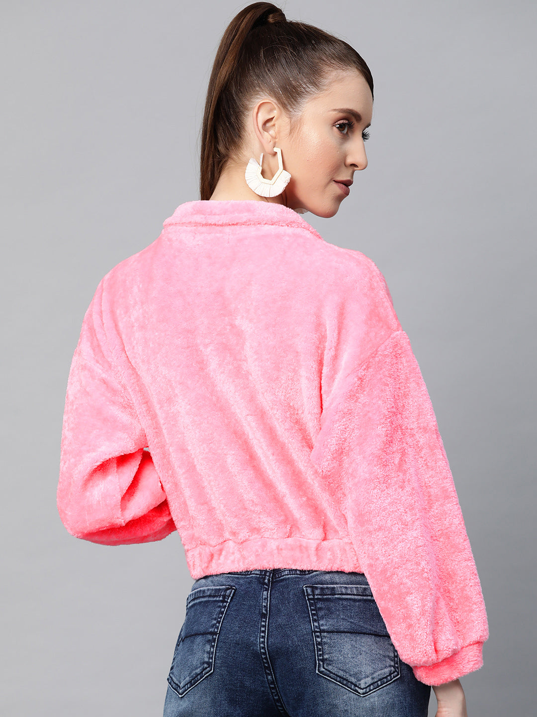 Pink Kangaroo Pocket Faux Fur Crop Sweatshirt