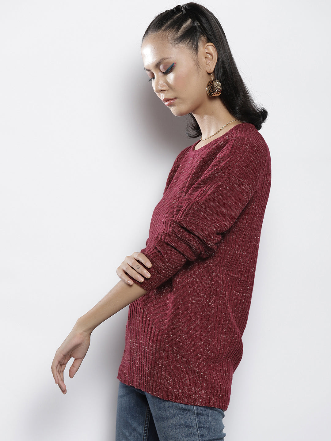 Women Maroon Rib Knit Round Neck Full Sleeves Sweater