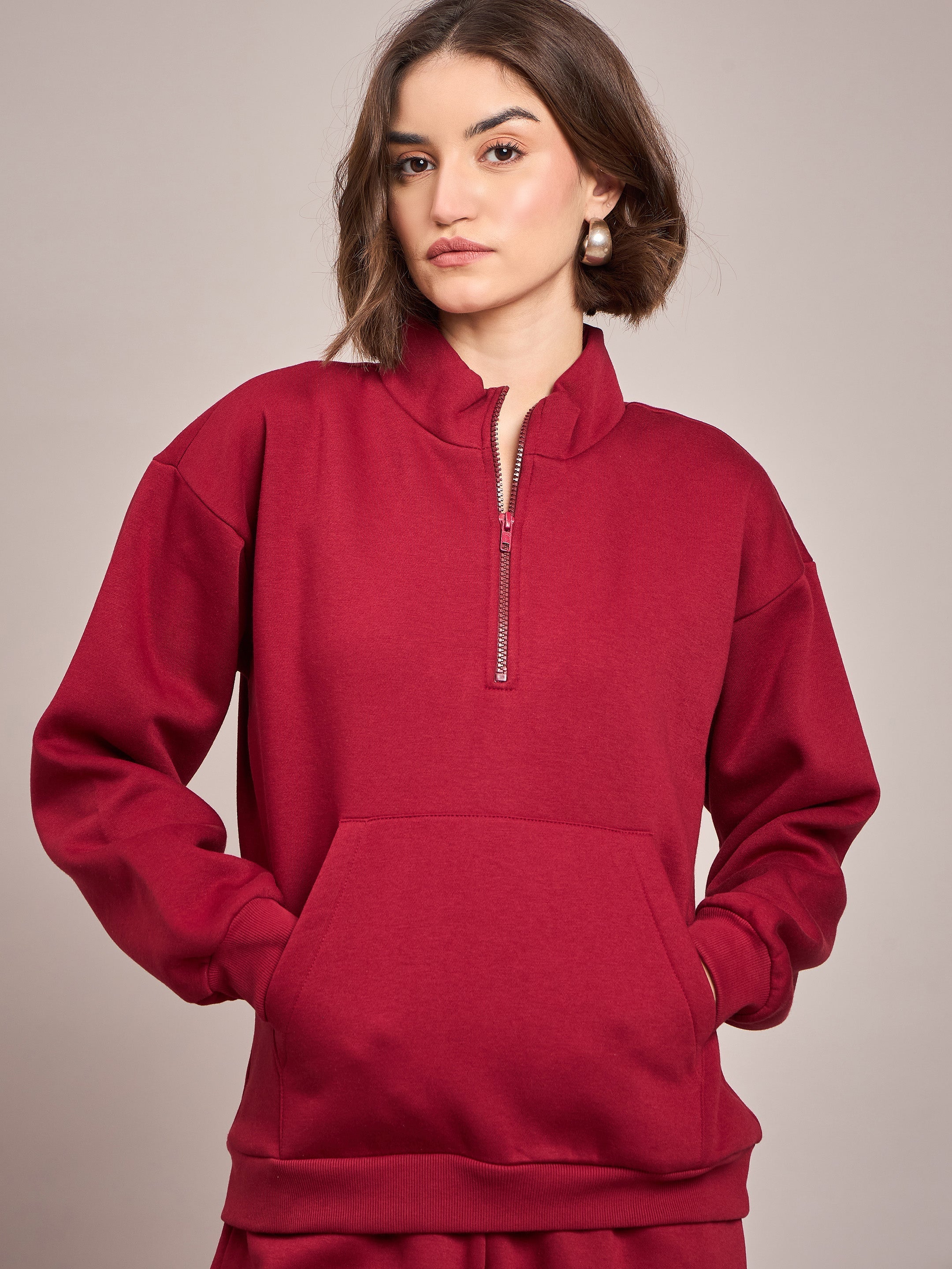 Women Maroon Fleece Front Zipper Sweatshirt