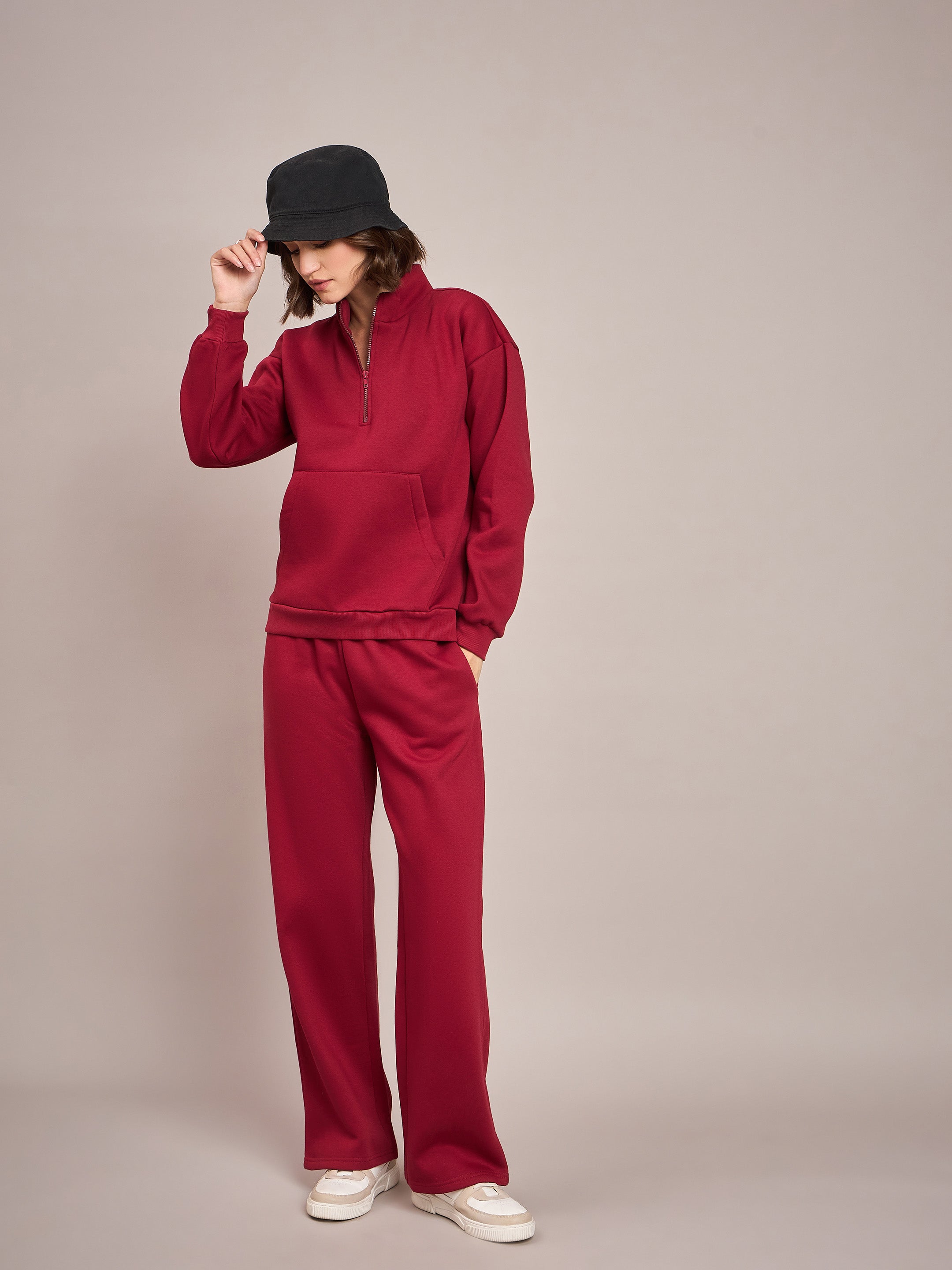 Women Maroon Fleece Front Zipper Sweatshirt