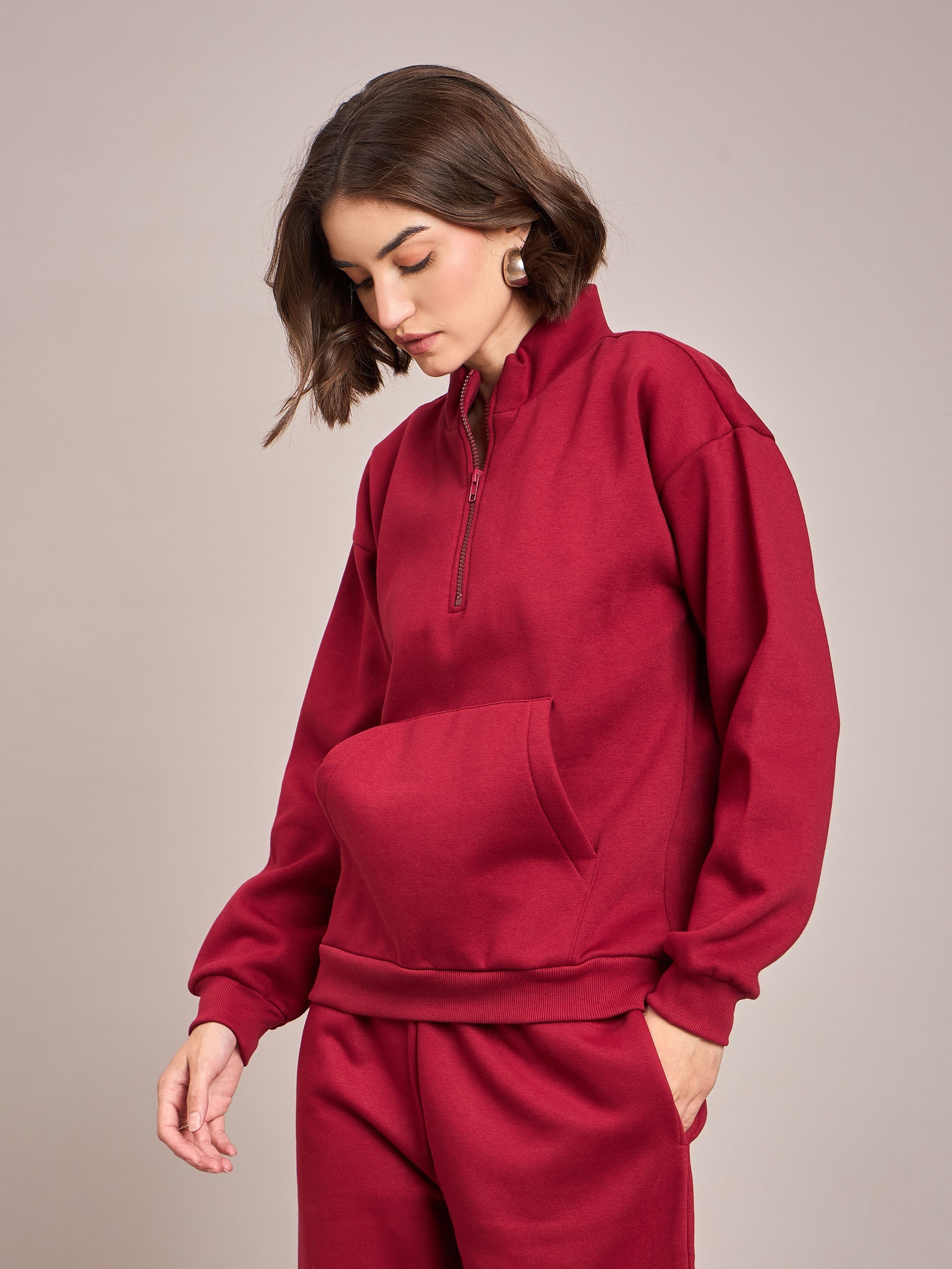 Women Maroon Fleece Front Zipper Sweatshirt