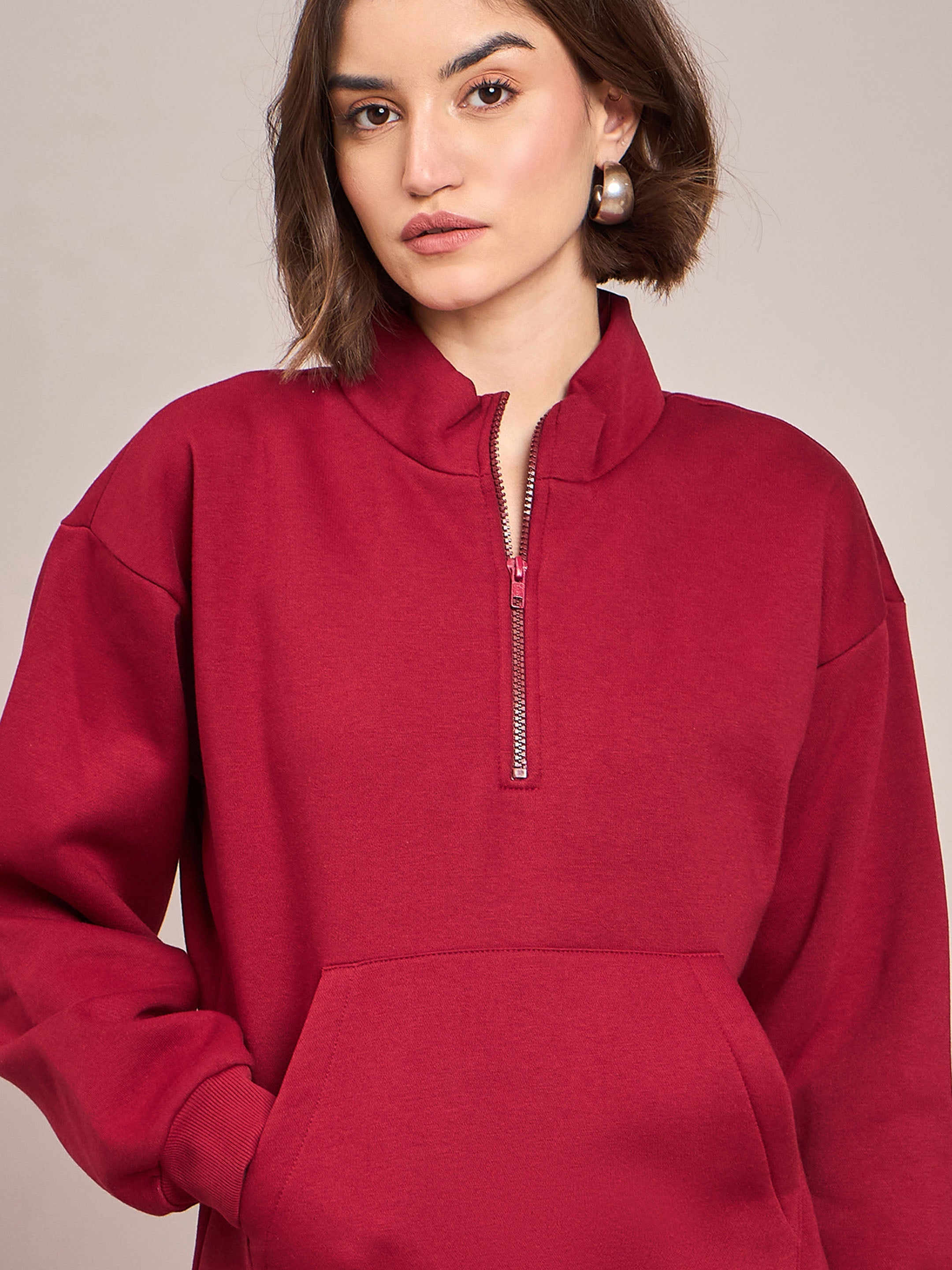 Women Maroon Fleece Front Zipper Sweatshirt