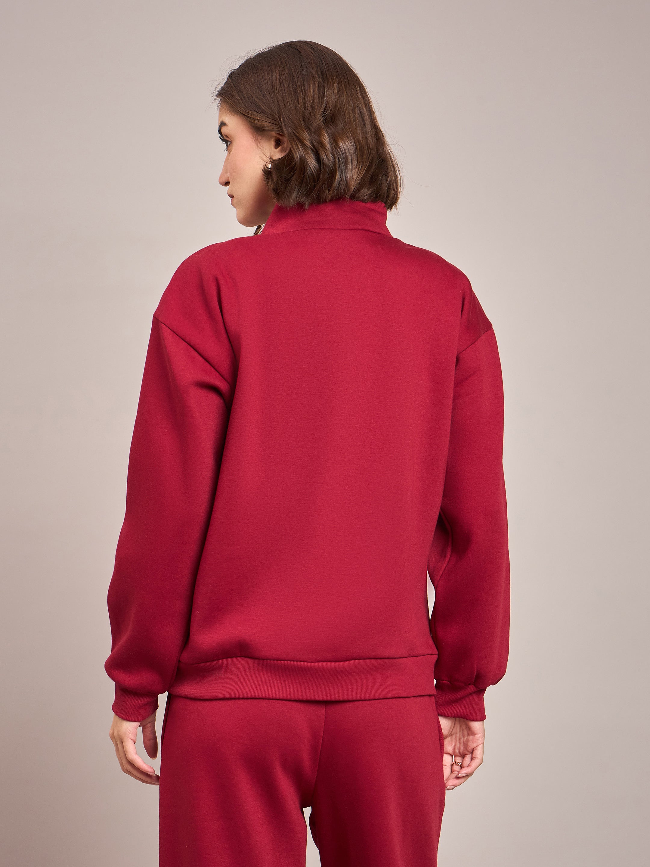 Women Maroon Fleece Front Zipper Sweatshirt