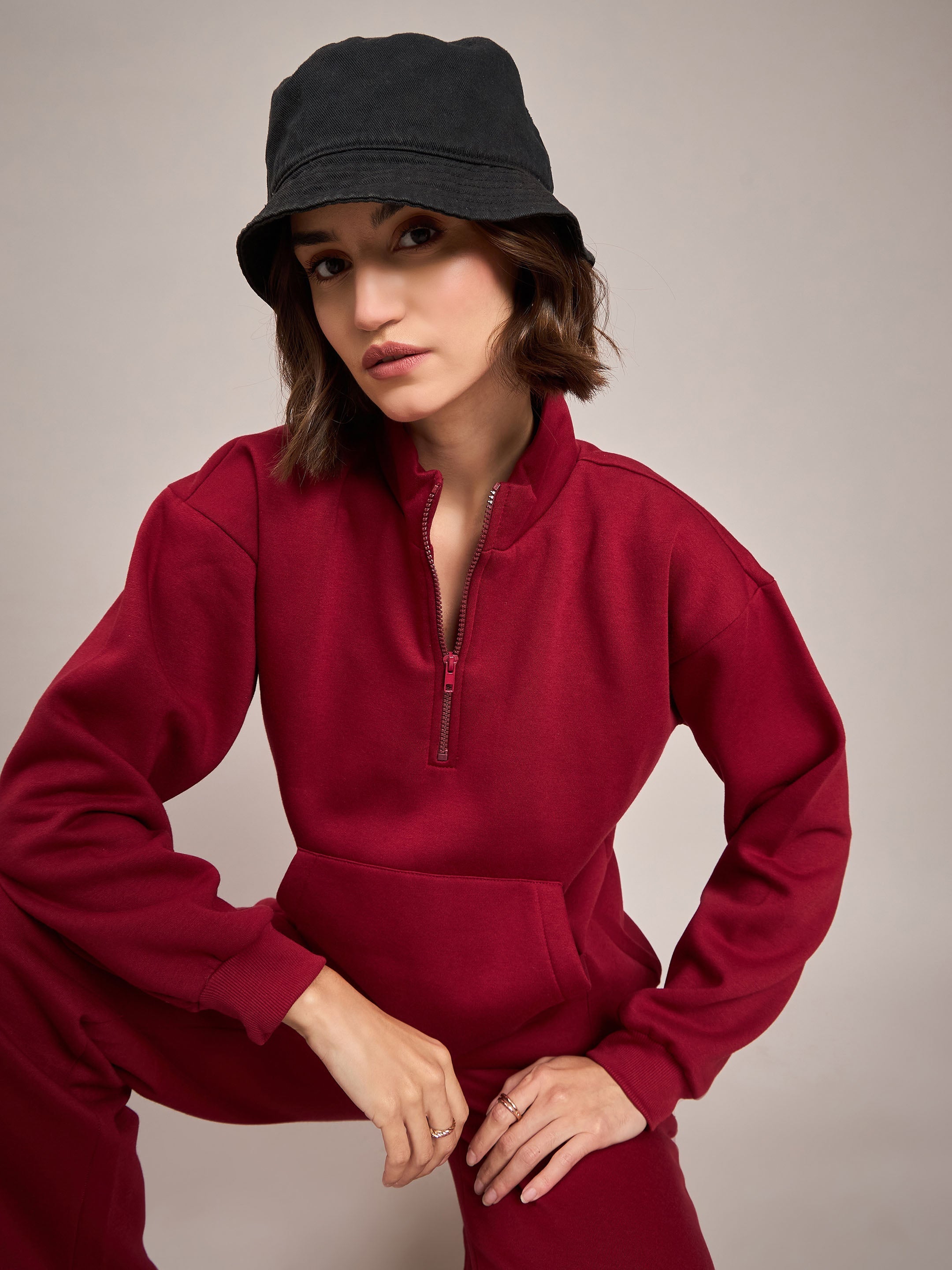 Women Maroon Fleece Front Zipper Sweatshirt