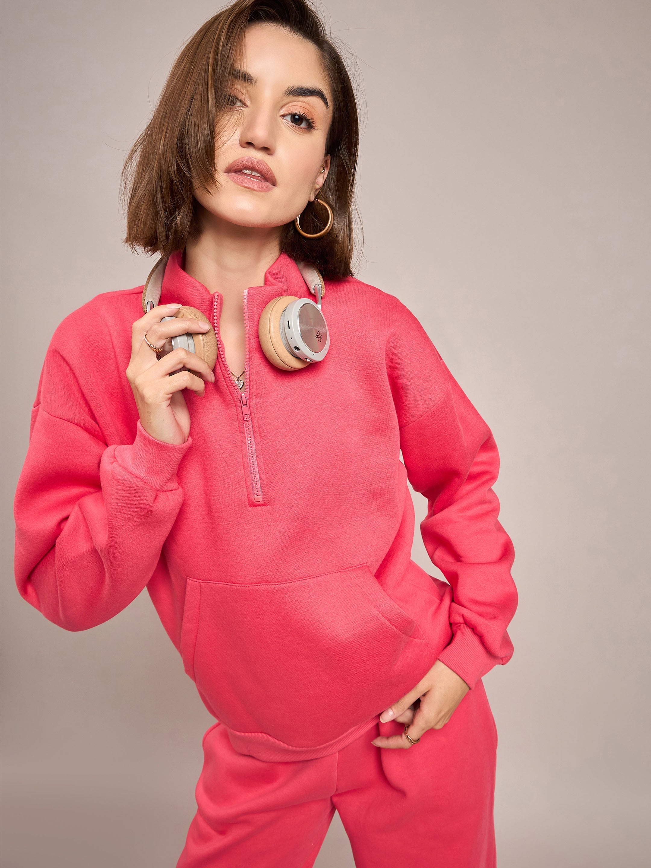 Women Pink Fleece Front Zipper Sweatshirt