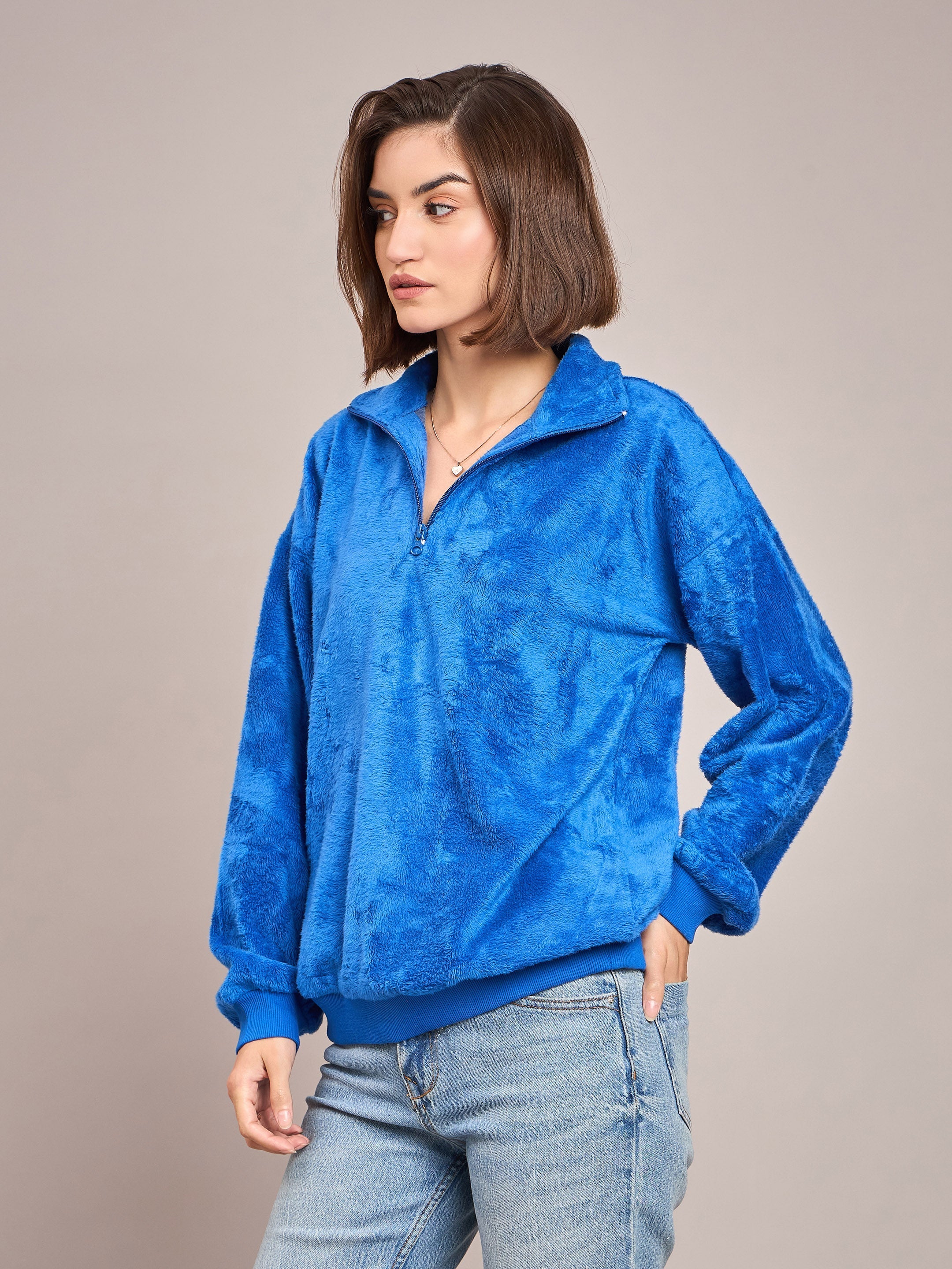 Women Royal Blue Front Zipper High Neck Sweatshirt