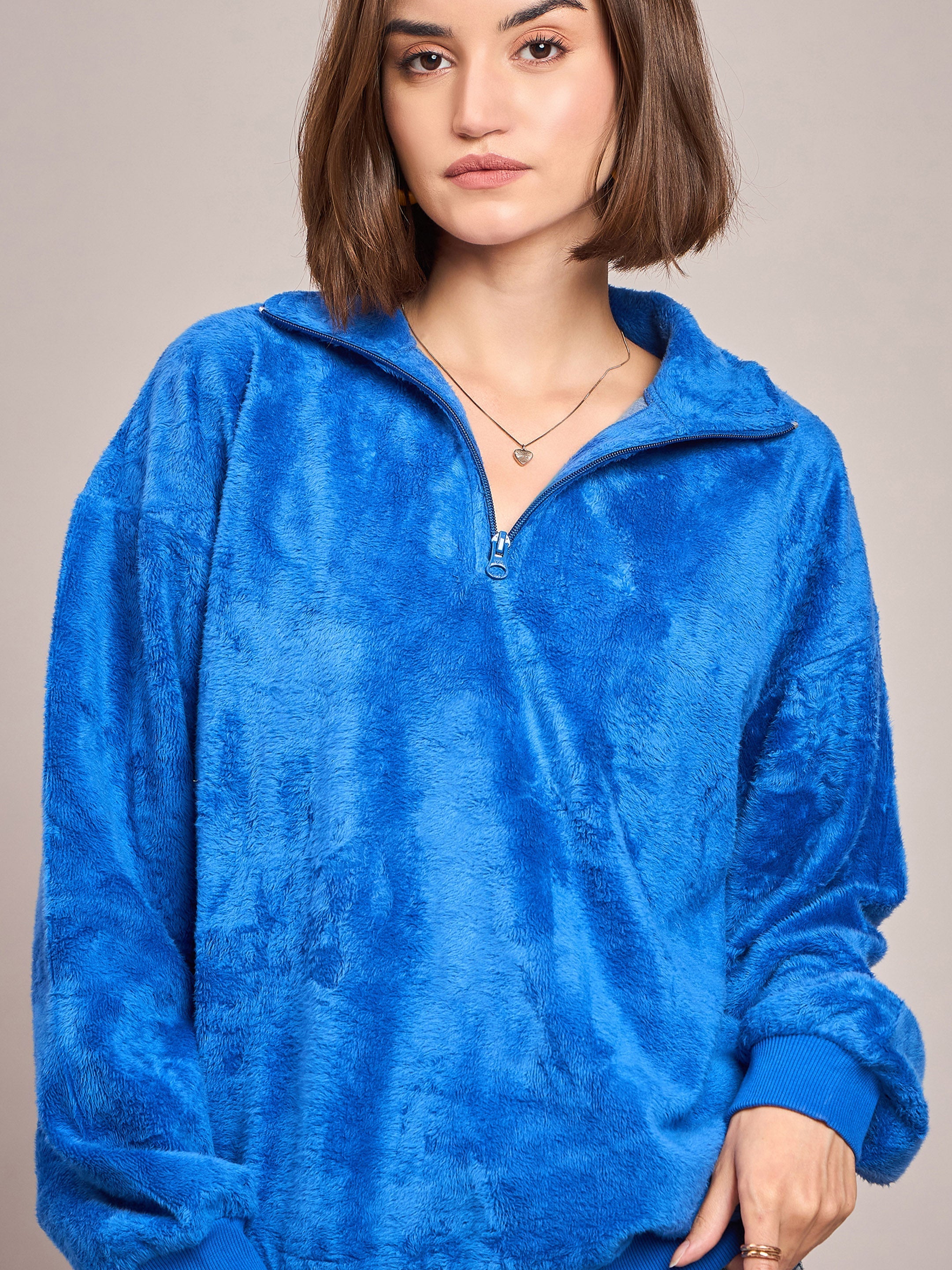 Women Royal Blue Front Zipper High Neck Sweatshirt