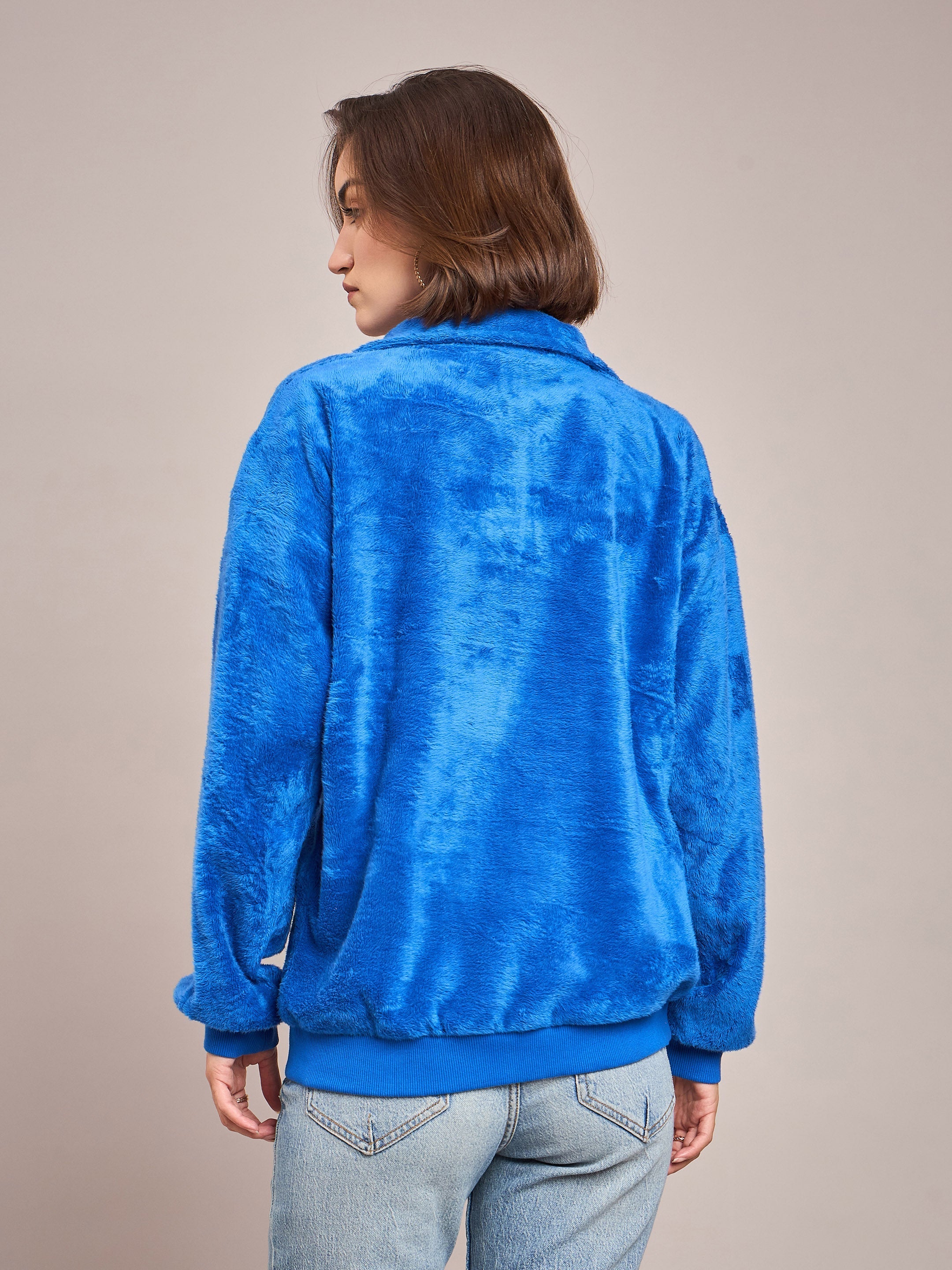 Women Royal Blue Front Zipper High Neck Sweatshirt